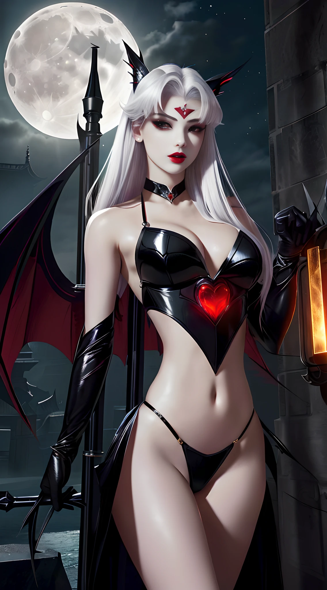 A female vampire wearing sexy bikini-style leather armor,Vampire skin is smooth、Behind him,A pair of pitch-black wings spread gently,Like a pair of bats in the dark night, soft and cold,Vampire teeth are surprisingly white,licking own lips,Image of Araved posing for a photo,The eyes burned like a scorching flame,It emits a terrifying red light。Around his body,It is filled with a mysterious and deadly energy。 the sailor moon. Beautiful, Anime goddess, Anime girl in real life,Anime cosplay, scholar, anime figure; Full-body art, seductive anime girls,(The background is a classical western castle,Stone castle,High bell tower,Square high-rise clock tower,Big moon,moon full,Black clouds shrouded,Moon stars are rare,)