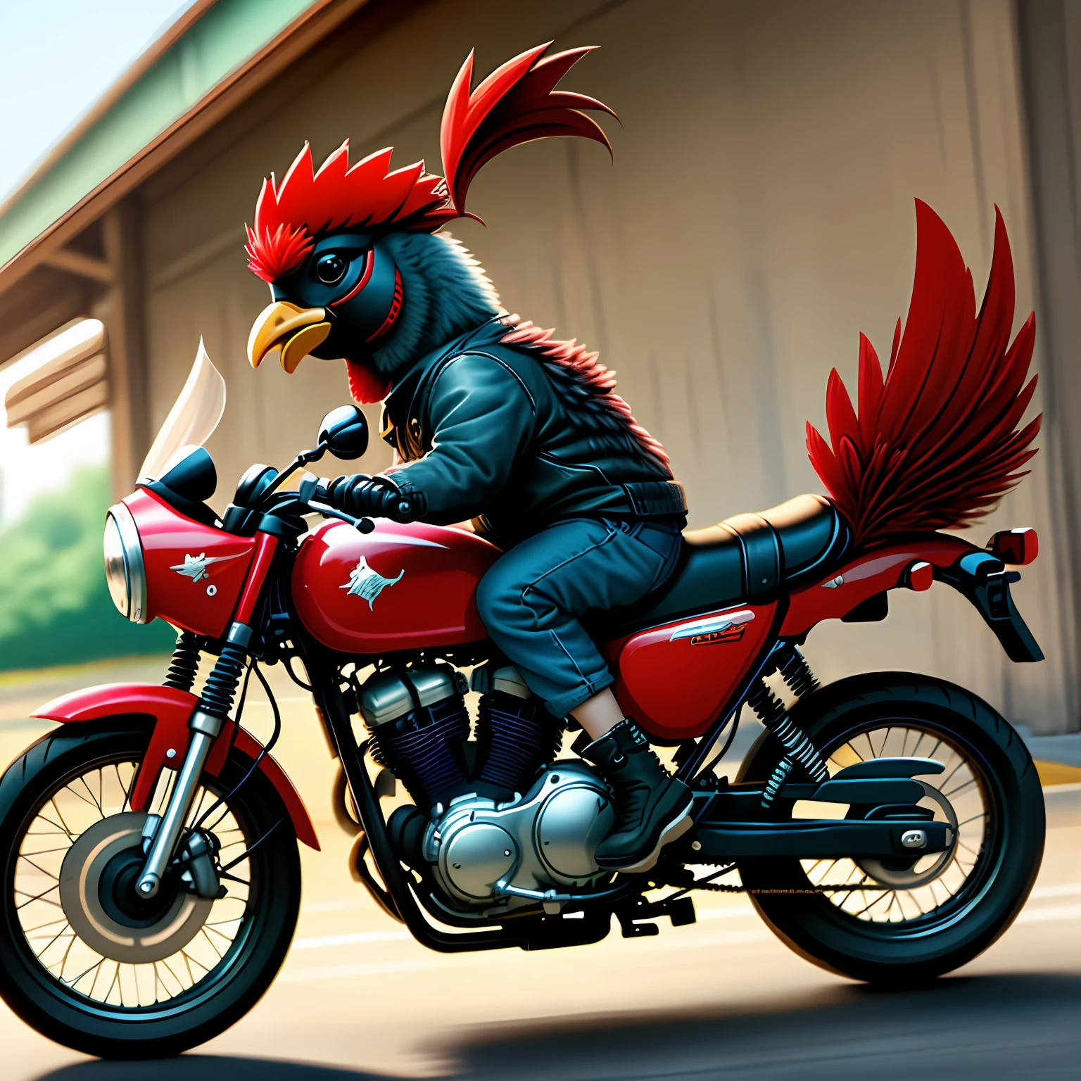 A child rooster riding a motorcycle and eating ice cream