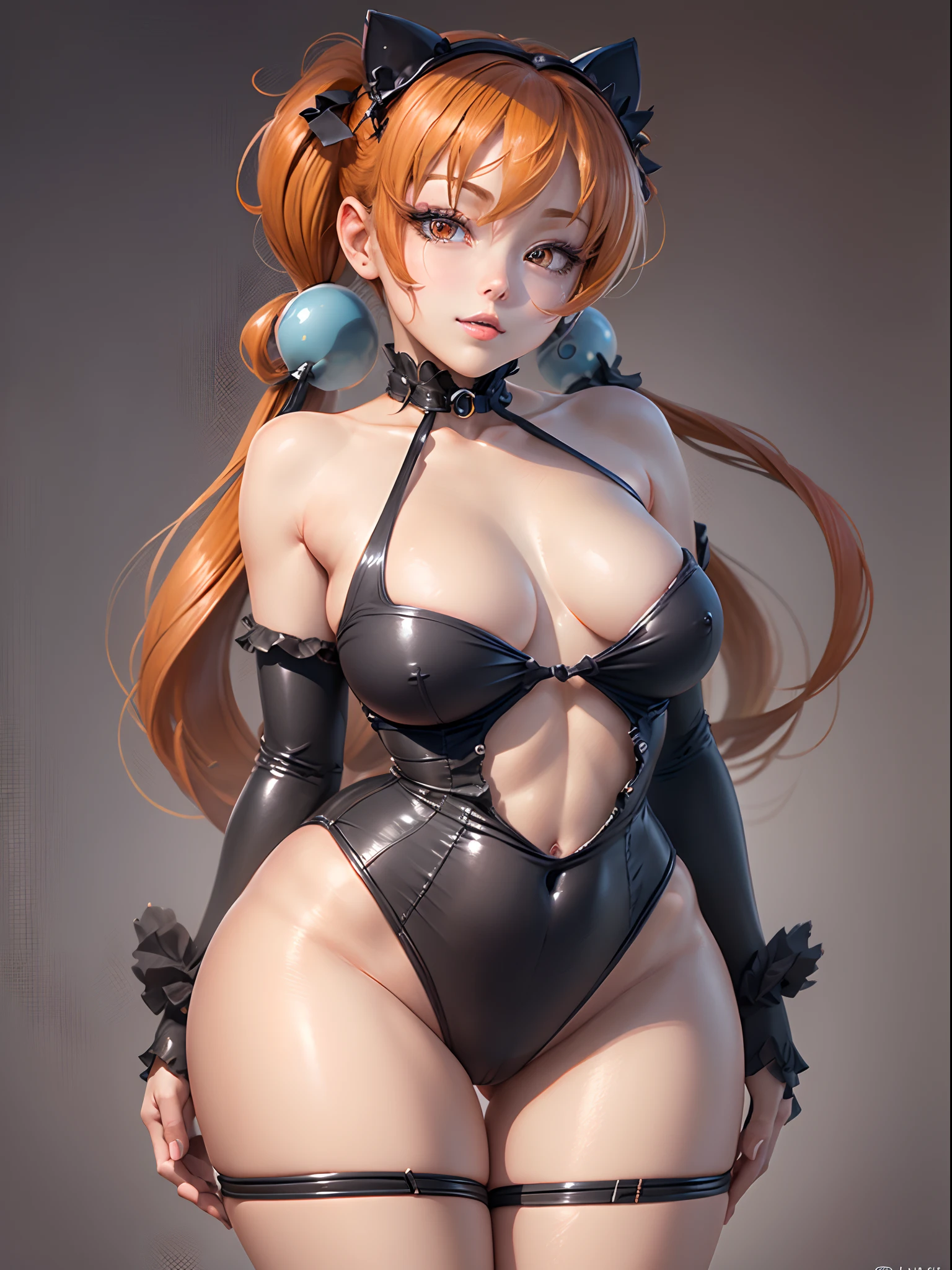 photorealistic, (hyperrealistic:1.2), beautiful, masterpiece, best quality, extremely detailed face, perfect lighting, full body, large breasts, wide hips, thick thighs, detailed eye makeup, detail face, nice detailed eyes, slanted eyes, heavy eye makeup, 1girl, long hair, low twin-tails, (twin-tails:1), hair bobbles, cute cheeky smile face, simple background, grey background, perfect naked, glossy orange hair, juicy thick thighs, full body, shiny skin, smooth skin, skinny body, (young:1.3), (flat chest:1.5), 1girl,