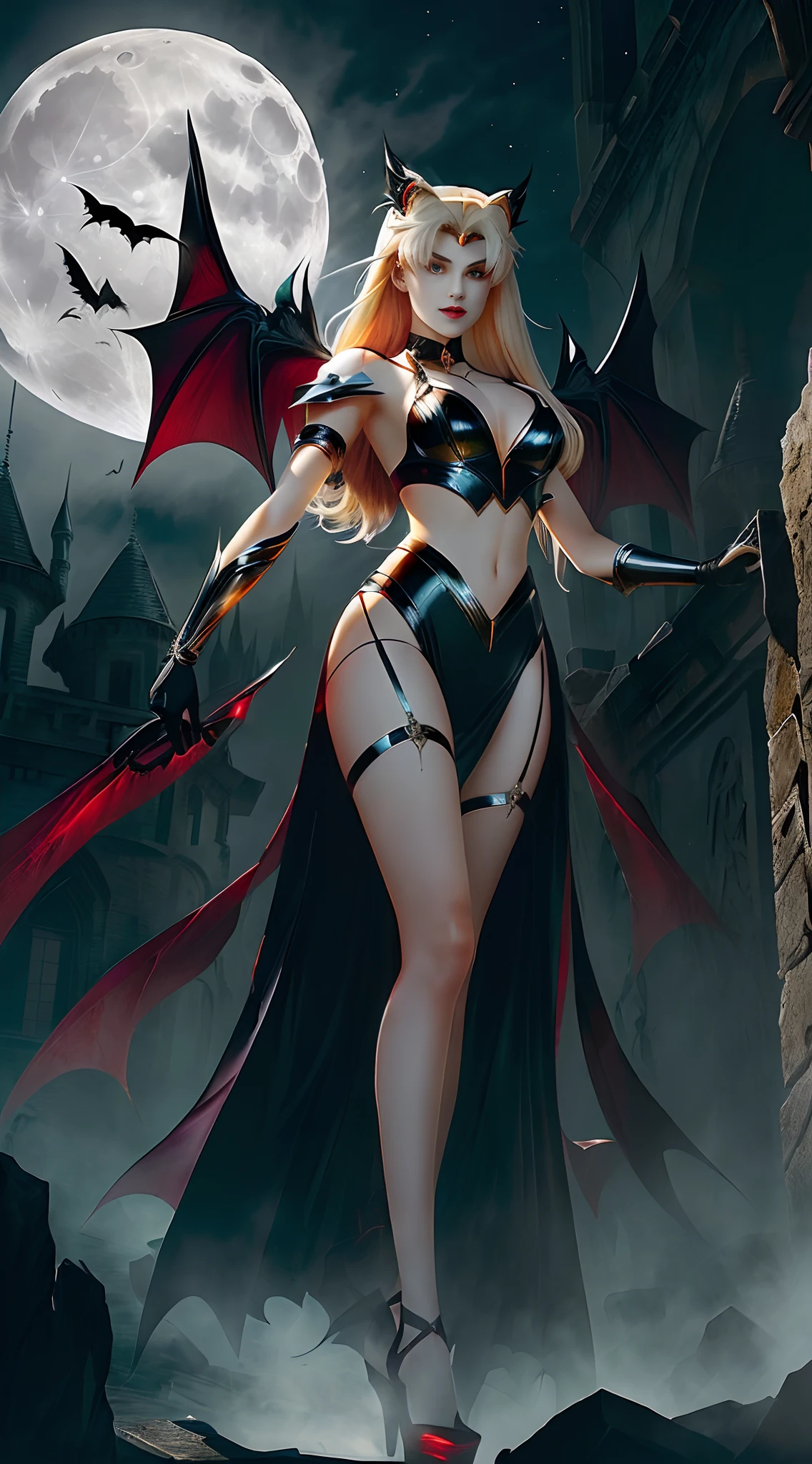 A female vampire wearing sexy bikini-style leather armor,Vampire skin is smooth、Behind him,A pair of pitch-black wings spread gently,Like a pair of bats in the dark night, soft and cold,Vampire teeth are surprisingly white,licking own lips,Image of Araved posing for a photo,The eyes burned like a scorching flame,It emits a terrifying red light。Around his body,It is filled with a mysterious and deadly energy。 the sailor moon. Beautiful, Anime goddess, Anime girl in real life,Anime cosplay, scholar, anime figure; Full-body art, seductive anime girls,(The background is a classical western castle,Stone castle,High bell tower,Square high-rise clock tower,Big moon,moon full,Black clouds shrouded,Moon stars are rare,)