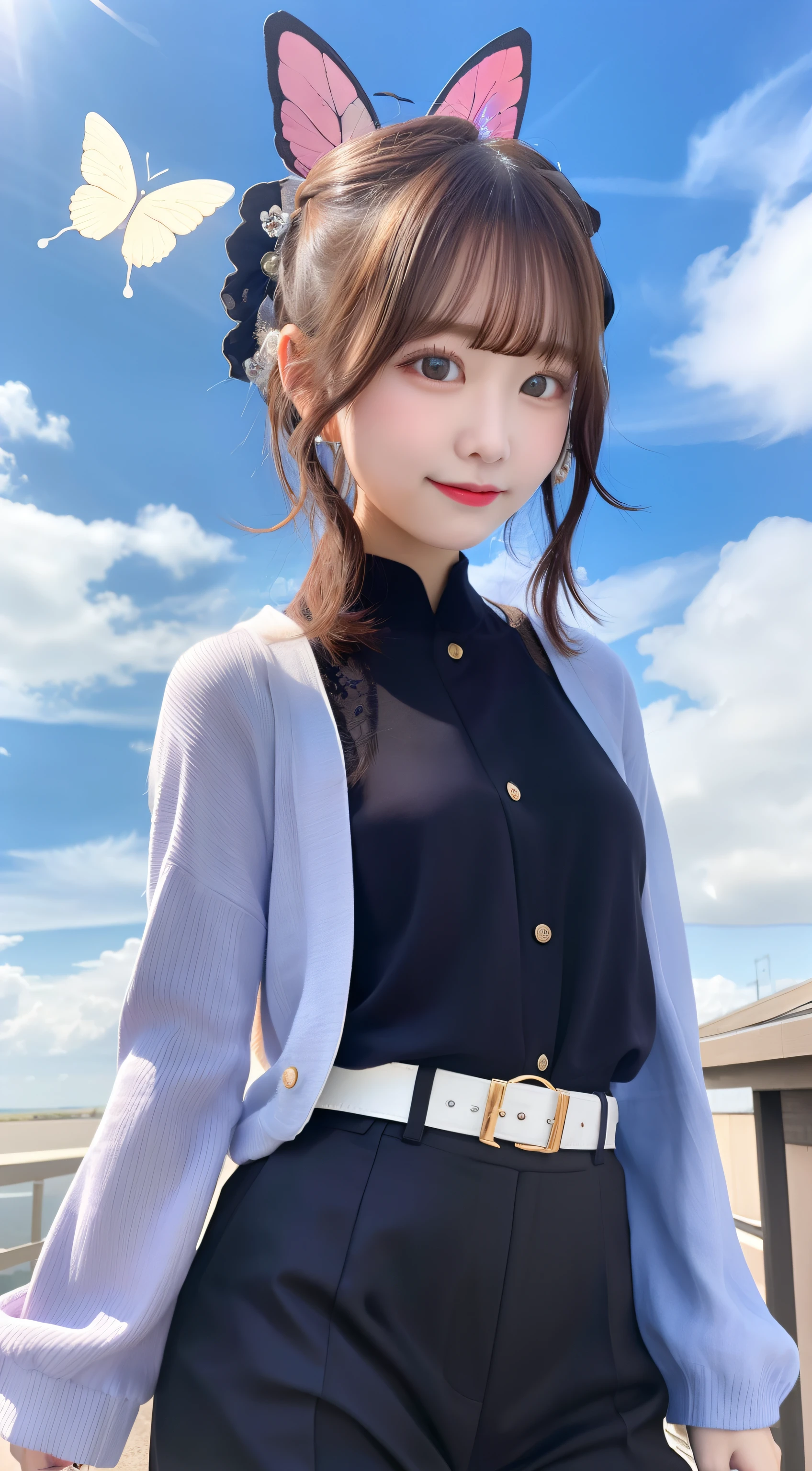 masterpiece, top-quality, Hi-Res, 1girl in, 独奏, kochou shinobu, butterfly hair ornament, a purple eye, O cabelo multicolorido, shorth hair, partedbangs, Black pants, Black jacket, long-sleeve, a belt, cowboy shot,Blue Higan Flower、A smile、japanes、a picture、cute little、High school students、A smile