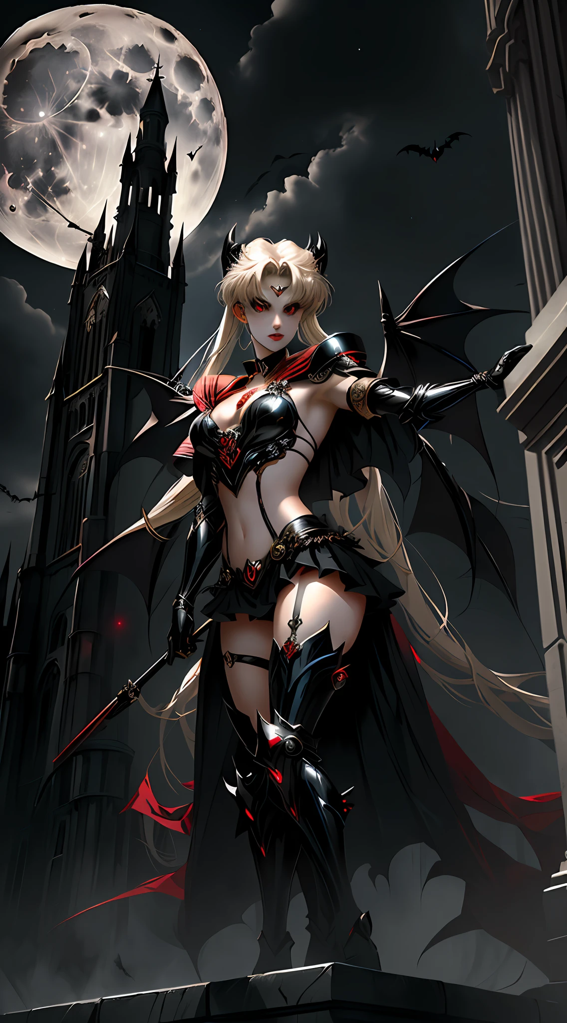 A female vampire wearing sexy bikini-style leather armor，Vampire skin is smooth、Behind him，A pair of pitch-black wings spread gently，Like a pair of bats in the dark night, soft and cold，Vampire teeth are surprisingly white，licking own lips，Image of Araved posing for a photo，The eyes burned like a scorching flame，It emits a terrifying red light。Around his body，It is filled with a mysterious and deadly energy。 the sailor moon. Beautiful, Anime goddess, Anime girl in real life,Anime cosplay, scholar, anime figure; Full-body art, seductive anime girls，（The background is a classical western castle，Stone castle，High bell tower，Square high-rise clock tower，Big moon，moon full，Black clouds shrouded，Moon stars are rare，）