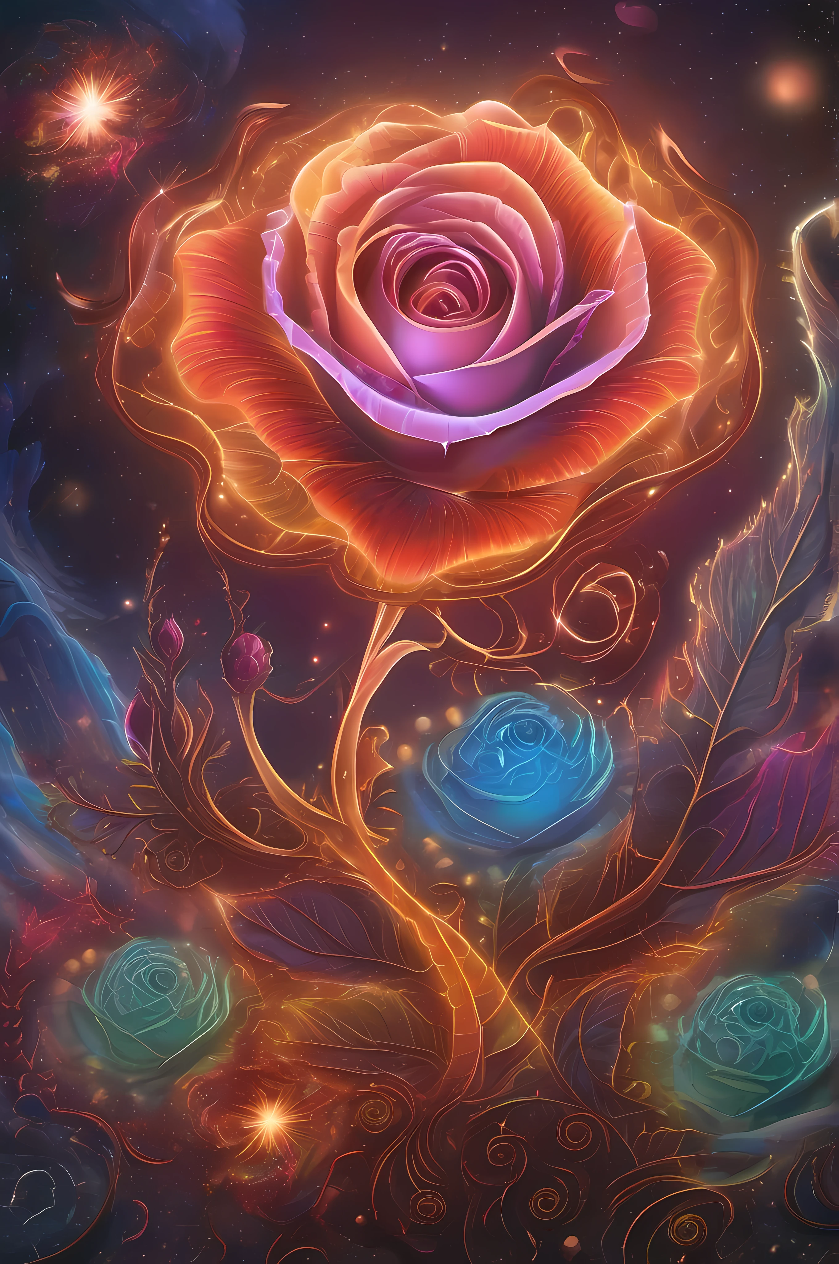 ((best quality)), ((masterpiece)), ((realistic)), closeup rose, celestial, light particles, (bioluminescent:0.95) flame, bioluminescence, phoenix, Vibrant, Colorful, Color, (Glow, Glow), (Beautiful Composition), Cinematic Lights, Intricate, (Symmetry: 0.5), Whimsical, Alien Planet