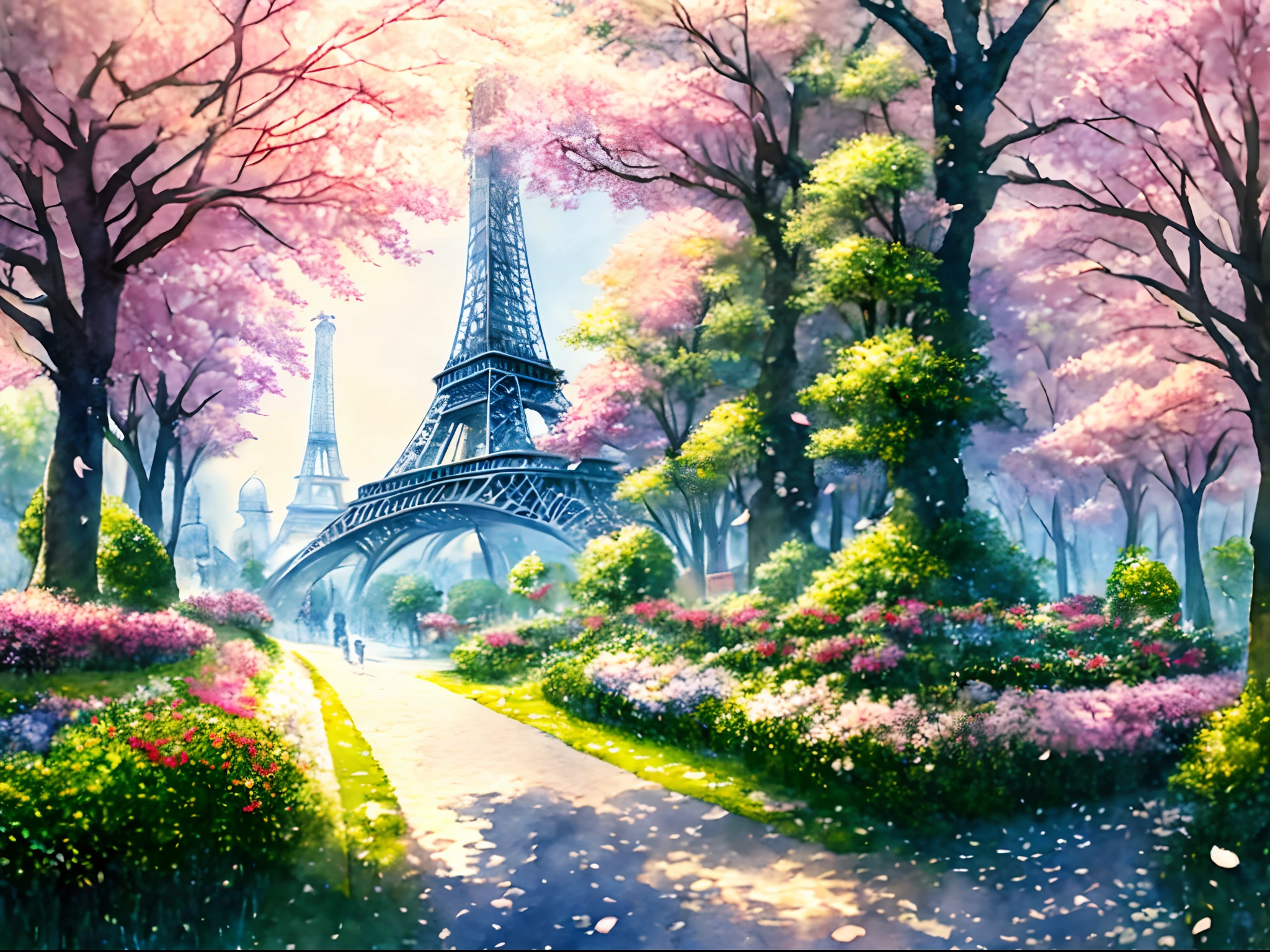 (tmasterpiece),(Best picture quality),8K,Highly delicate,Super meticulous,soft watercolor painting, Paris, springtime, Morning, Mist, Shade, In the style of Prafour Sawant.