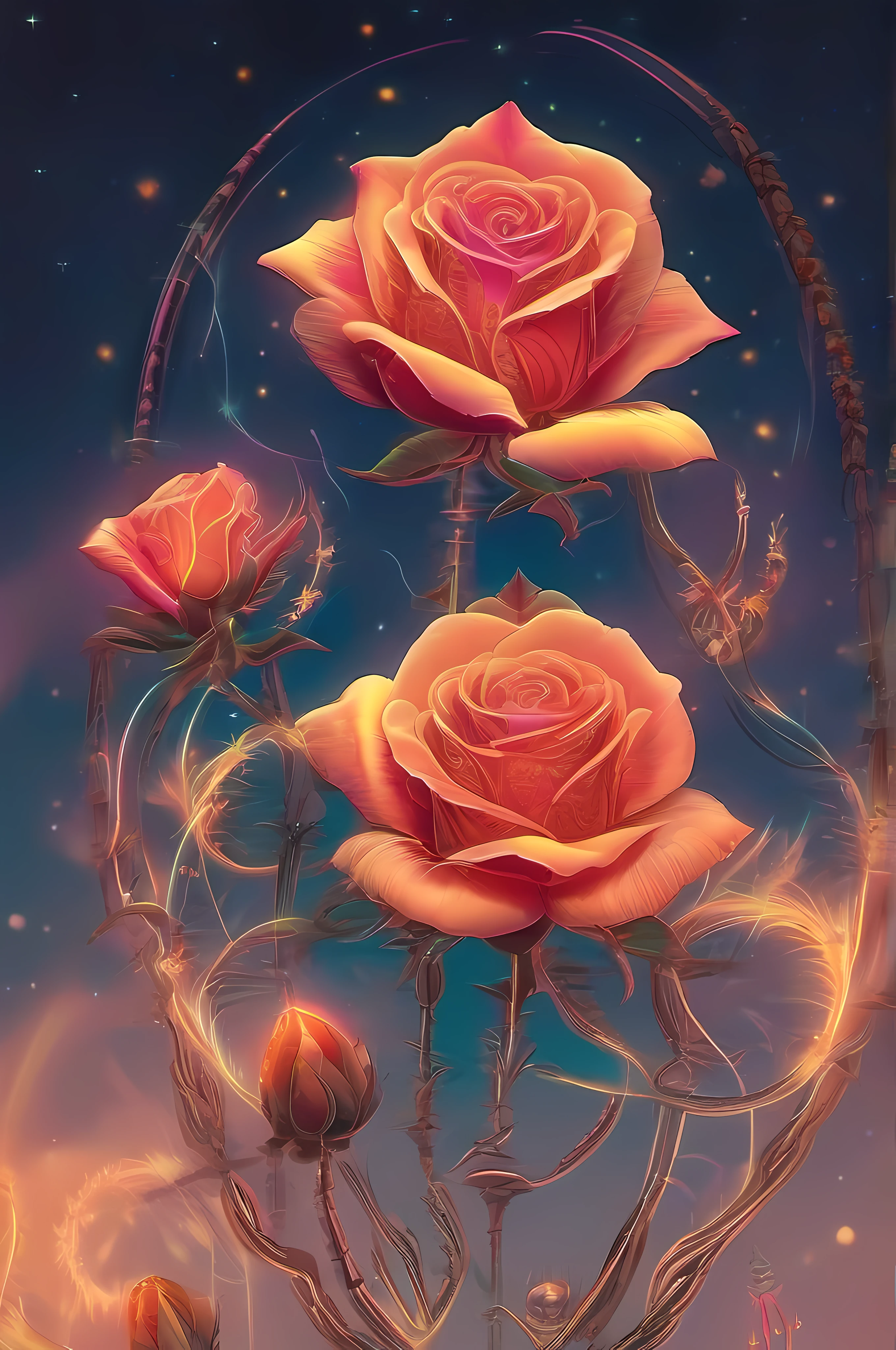((best quality)), ((masterpiece)), ((realistic)), closeup rose, celestial, light particles, (bioluminescent:0.95) flame, bioluminescence, phoenix, Vibrant, Colorful, Color, (Glow, Glow), (Beautiful Composition), Cinematic Lights, Intricate, (Symmetry: 0.5), Whimsical, Alien Planet