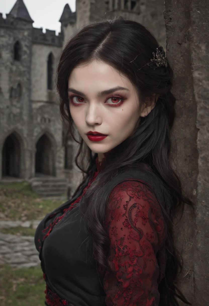 Best quality, Masterpiece, 超高分辨率, (photograph realistic:1.4), surrealism, Dream-like,fusionart, Shadowdancer, shadow magic,Red-eyed, Black-haired vampire,Dilapidated castle in background