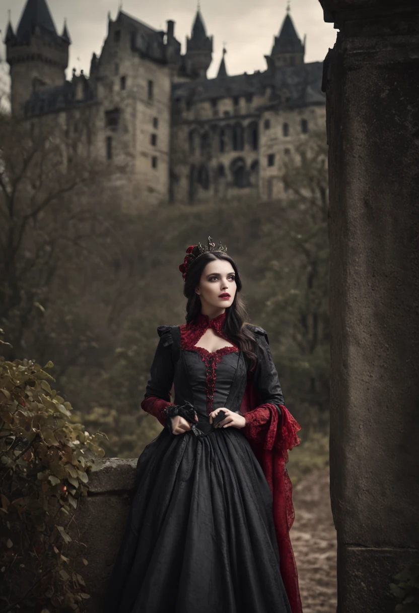 Best quality, Masterpiece, 超高分辨率, (photograph realistic:1.4), surrealism, Dream-like,fusionart, Shadowdancer, shadow magic,Red-eyed, Black-haired vampire,Dilapidated castle in background