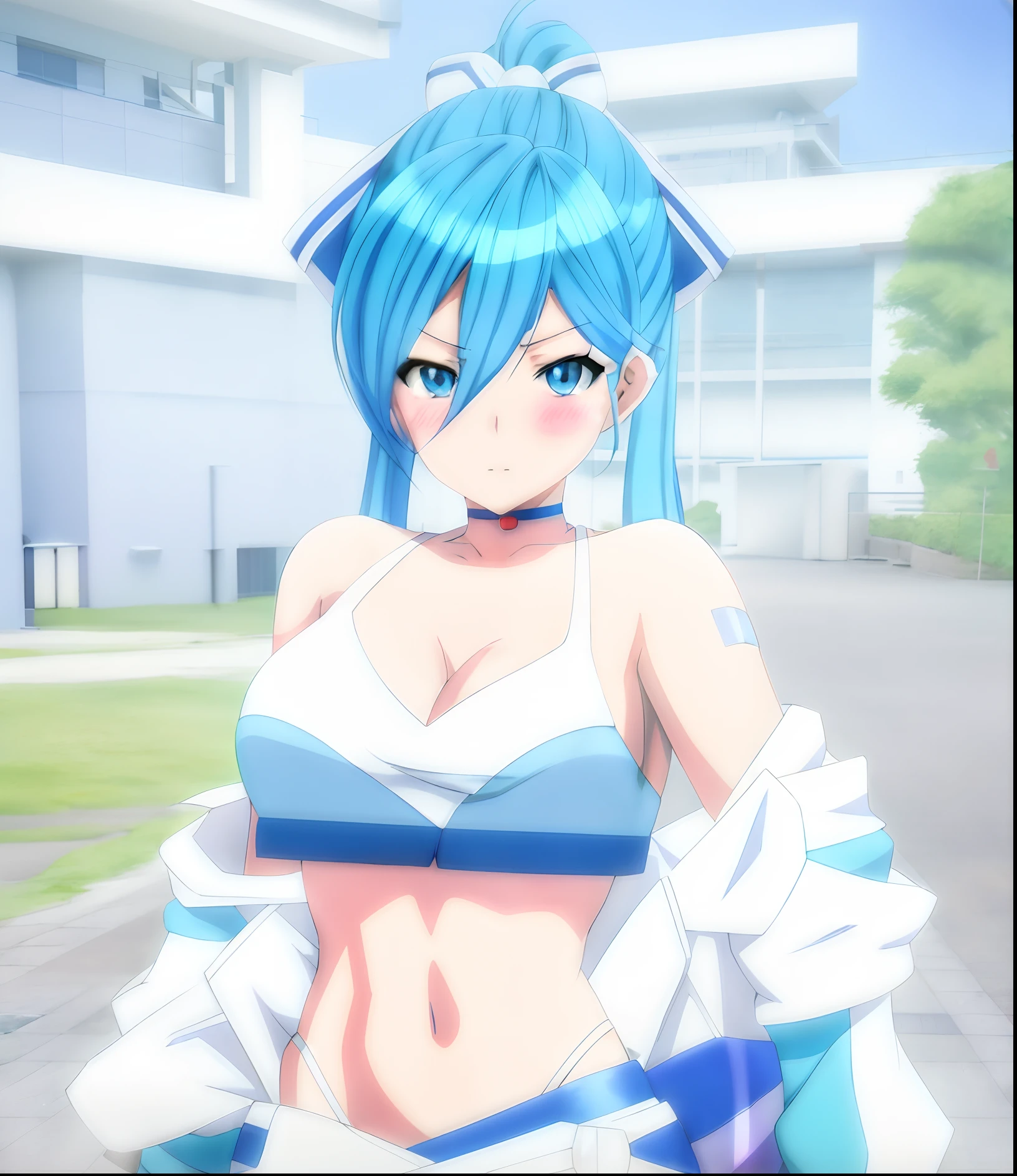Anime girl with blue hair and white top posing in front of building, cel shaded anime, Stylized anime, anime moe art style, seductive anime girls, white cyan, Katana Zero video game character,Anime style. 8K，anime styled 3d, Anime Stylization, azur lane style，Crossed waist with one hand，Exposing the abdomen
