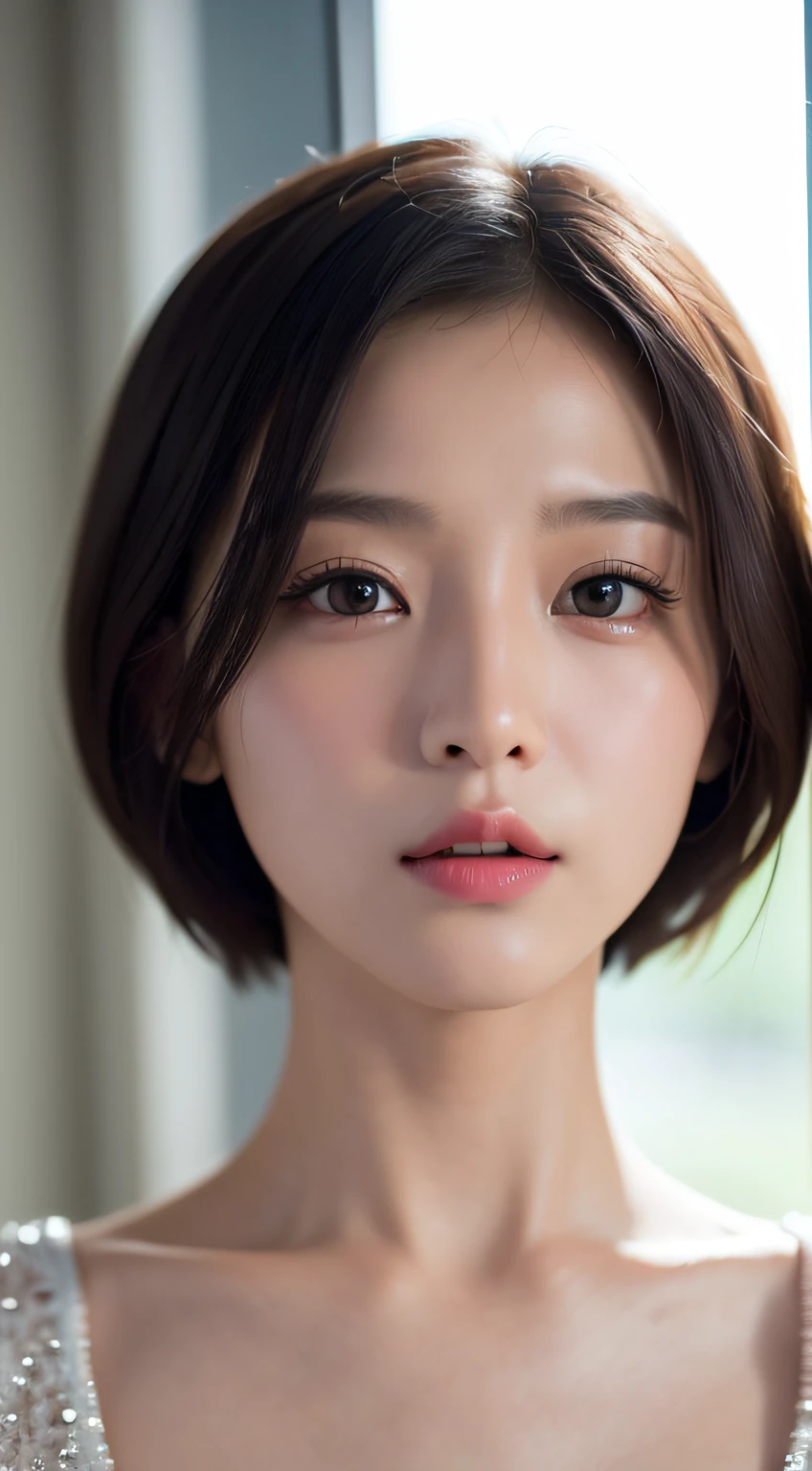 (Gyeongsan:1.5), Close up, Masterpiece, Best quality, Full anatomy, raw photo, photorealistic, Face, Incredibly ridiculous, Beautiful girl, Cute, Short hair, White underwear, depth of field, High resolution, Ultra detail, Fine detail, Very detailed, Very detailed eyes and face, Sharp pupils, Realistic pupils, Sharp focus, Cinematic lighting