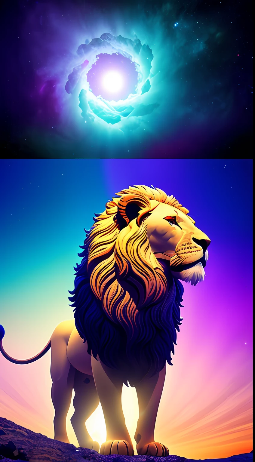 absurd, ultra detailed, Create an image using a prism effect, with light refraction and creating a colorful and kaleidoscopic appearance. Create an image with fisheye lens effect, capturing a wide field of view with a distinct, curved perspective. BREAK , Capture of an imposing lion style Greek sculpture, with a beautiful nebula in the colors baby blue and purple, conveying a sense of tranquility and natural beauty. BREAK , Illustrate a monochromatic world, convey depth, emotion and a stunning visual impact.