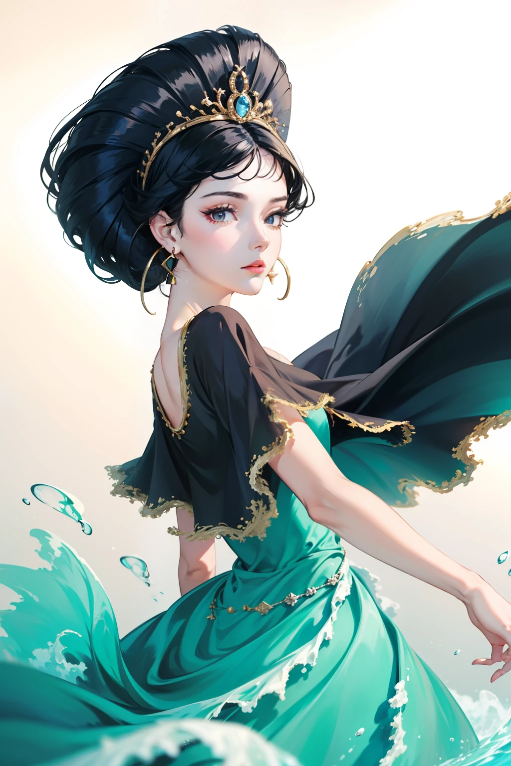 Close-up of a woman with black hair, Belle peinture de personnage, haughty, Black hair, hair adornments, Raised eyebrows, Raised eyebrows, Wide eyes, Earrings, Skirt made of water，Depth of field, tachi-e, first person perspective, Wide-angle, High quality, A high resolution