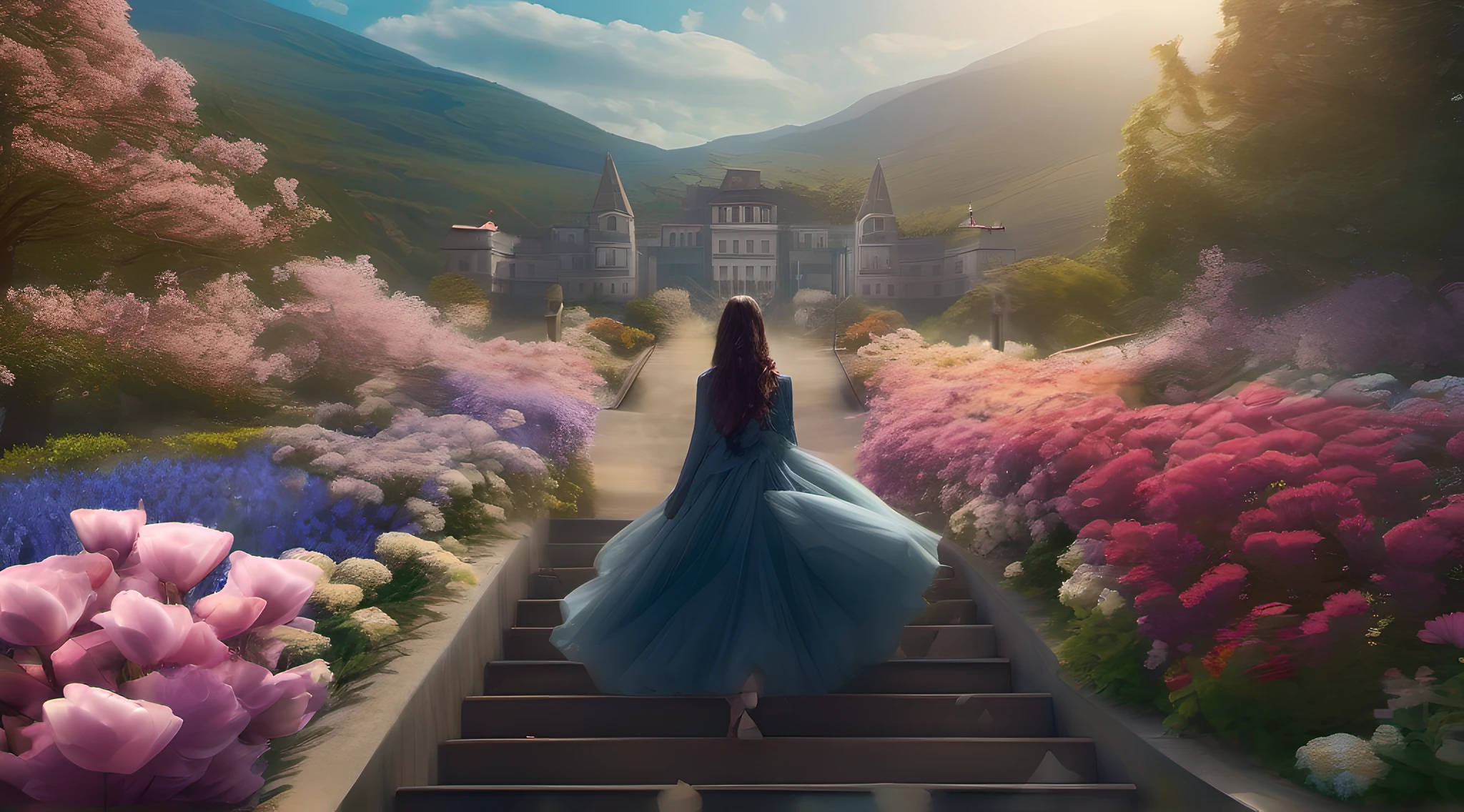 ccurate, best quality, masterpiece, UHD, high details, award winning, (Amazing:1.1), (Surrealism), Conceptual art, Verism, cinematic lighting, floating ruins in the sky, (((beautiful flower garden))), Horizon, blue sky, paradise scenery, flowers, wind flow, (((fantasy))), frontier, (magnificent space), blurry foreground, bokeh, Hasselblad, lens flare, beautiful school girl, (17 yr old), ((((full body)))), from behind, she is dancing, without looking at me, (((wearing school uniform))), black eyes, black hair, (floating hair), ((8 life size)), detailed hairstyles, detailed bodyline, anatomically correct,
