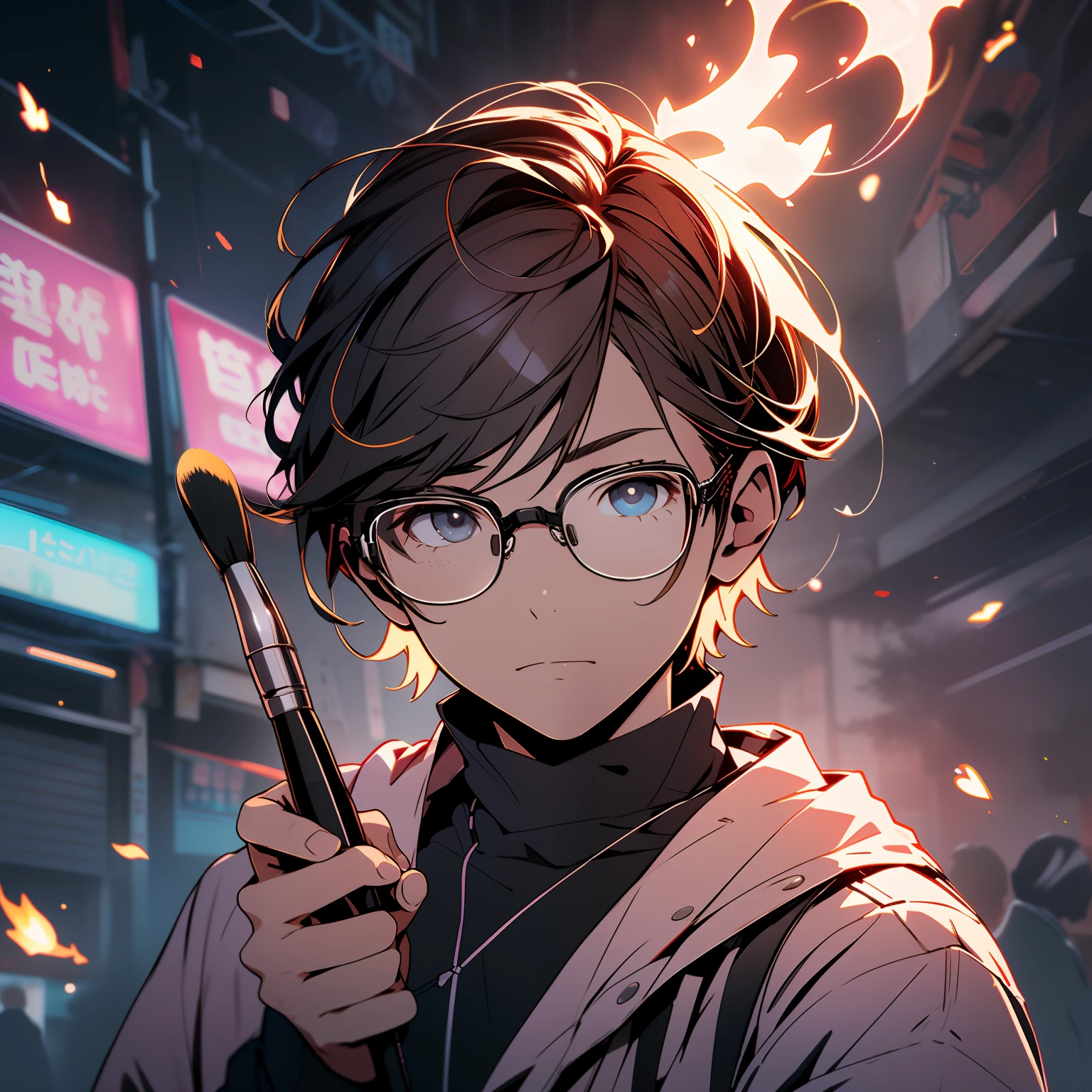 melancholy lighting, Take it easy, peacful, Splendor, tmasterpiece, best qualityer, Libido boy, eye glass, (Super photography enthusiast:1.3), (tmasterpiece:1.4), best qualityer, ((realisticlying)), high high quality, ultra - detailed, ((Real Scene)), ((photorealiscic face)),(illustration:1.05), (A detailed eye:1.05), (电影灯光:1.1), Hand-held brush, The heart in the neon light is in the highlights, head portrait, 1boy, short detailed hair