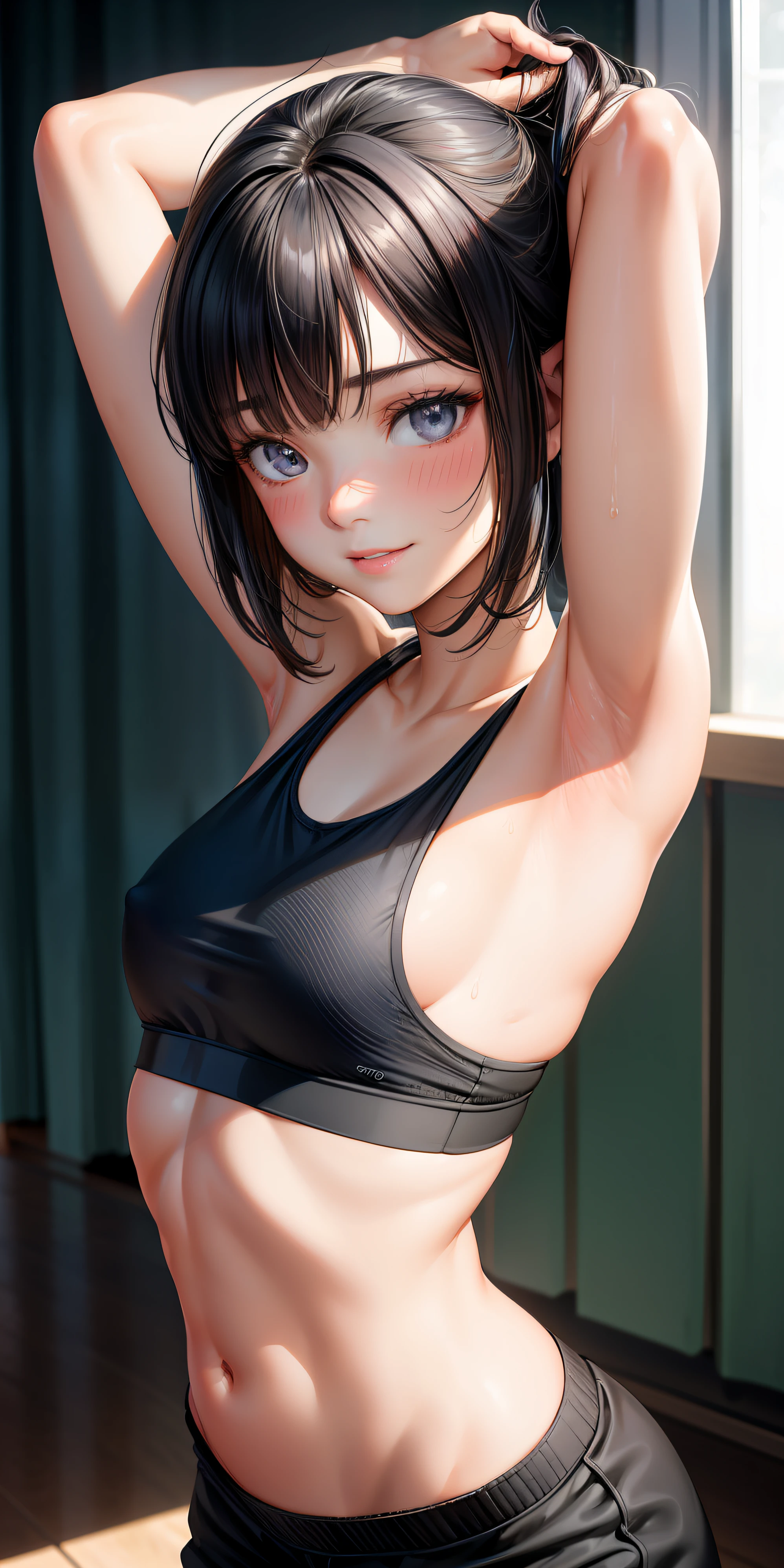 realistic, 1girl, beauty, small breasts, young, , beautiful detailed eyes, half body potrait, close up, black shorts hair, gleaming skin,smile shy, asymmetrical bangs, in the bedroom, longeyelashes, solid circle eyes, light smile, ear blush, armpit, sexy lips, sweaty body and armpit, cute black sport bra