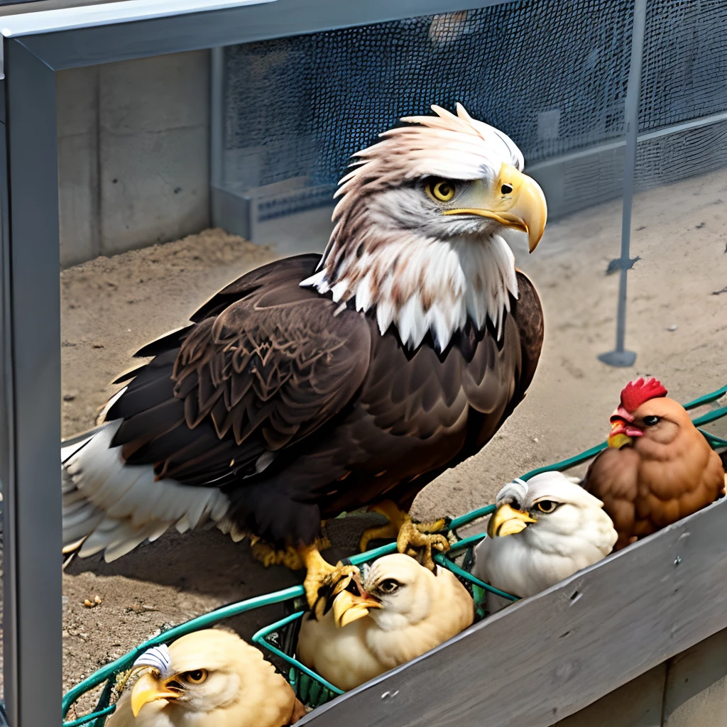 An eagle in captivity along with chickens