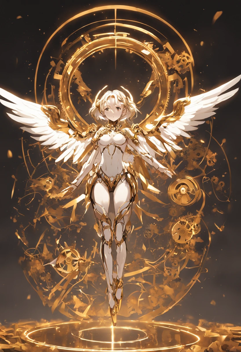 Mechanical style,golden theme,(1 mechanical female angel,Anatomically correct,full bodyesbian, Golden wings,standing,circular base),Black and white background, (a 3D render,Cinematic lighting, Chiaroscuro),Holy Angel Beast