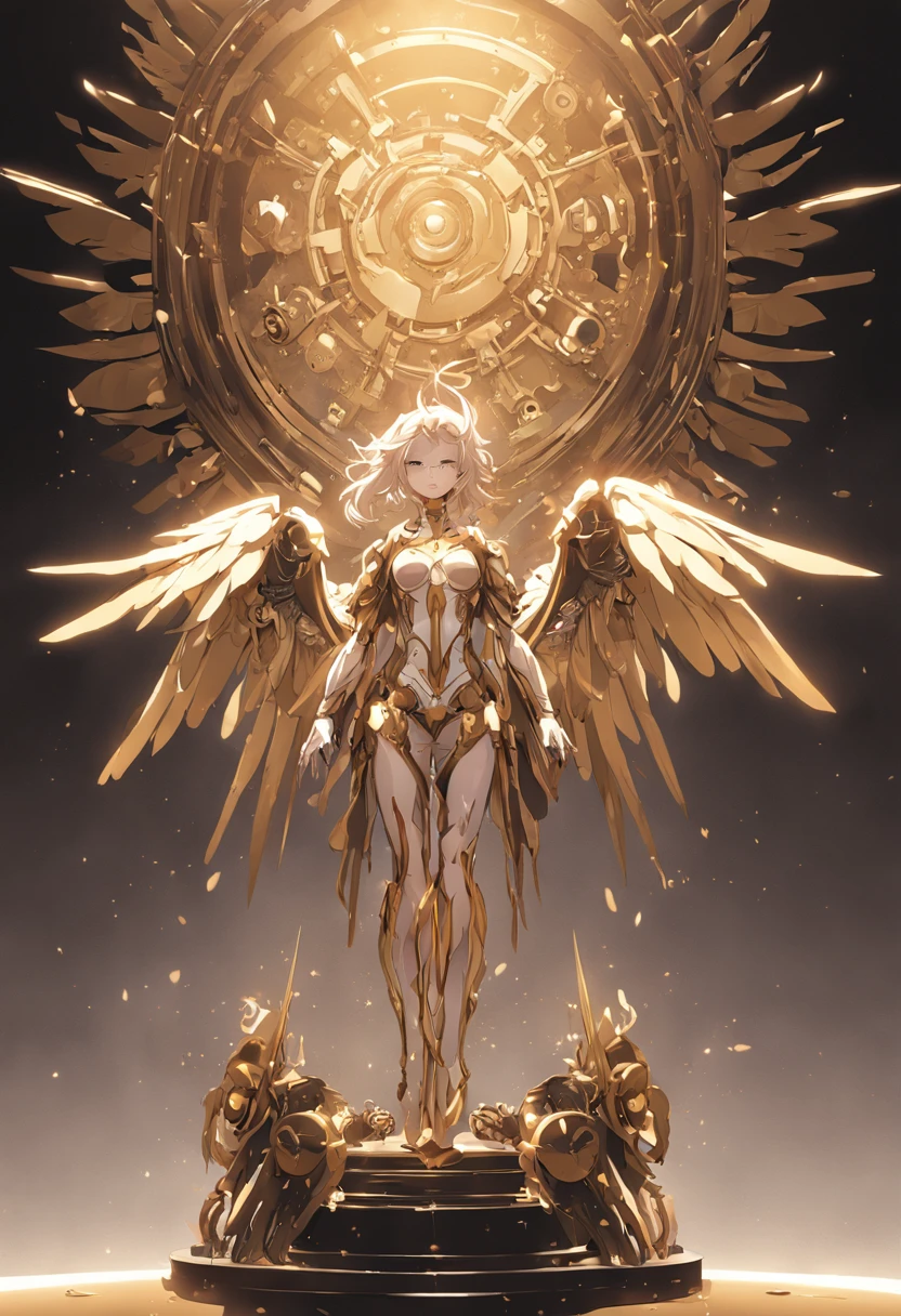 Mechanical style,golden theme,(1 mechanical female angel,Anatomically correct,full bodyesbian, Golden wings,standing,circular base),Black and white background, (a 3D render,Cinematic lighting, Chiaroscuro)，Holy Angel Beast