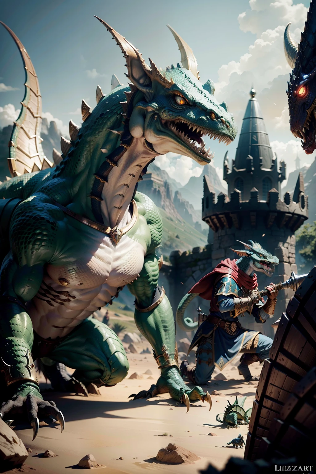 Warhammer,Medieval World,epic sense,lizardfolk,8K,hyper-high detail,ancient battle field
