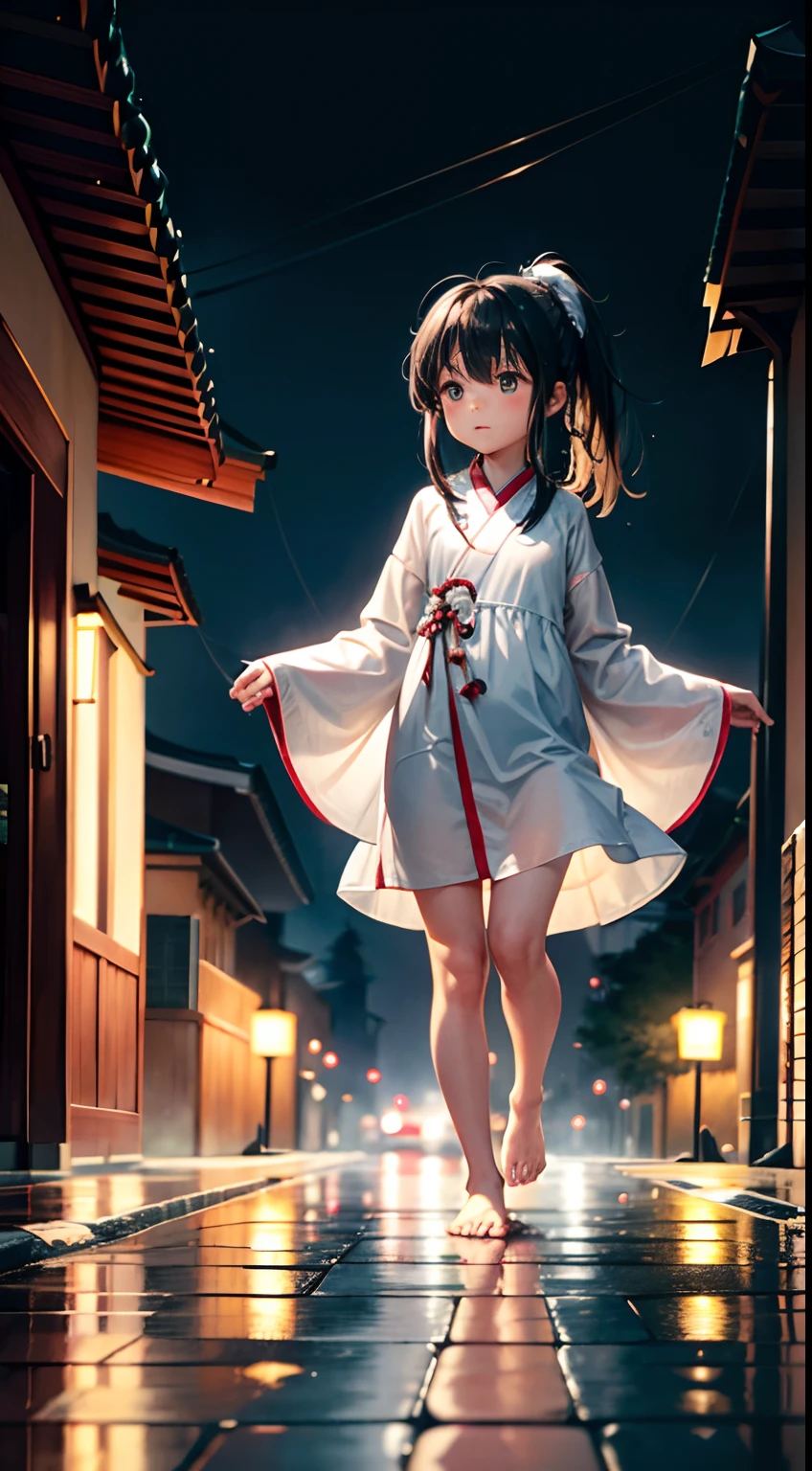 deep in the night，little bit of raining，bit girl，The expression is shy，Black hair with high ponytail，Wear Taoist costumes，baggy、Comfortable robe sleeves，Clothes hang down to the ankles，Loose collar，The placket is inlaid with delicate embroidery or patterns，Clothes are torn and torn，The clothes are wet，semi transparent，The clothes fit snugly to the body，Barefoot，The front foot is raised to expose the soles of the feet， walking on streets where there is no one at night，Walk lightly，Every step brings ripples，Puddles reflect the soles of your bare feet，The streets are shrouded in silence and silence。Street lights emit a soft yellow or white glow，Cast warm light and shadow in the dark。The buildings lining the streets stand quietly，There was a faint light outside the window，Reflected in the street