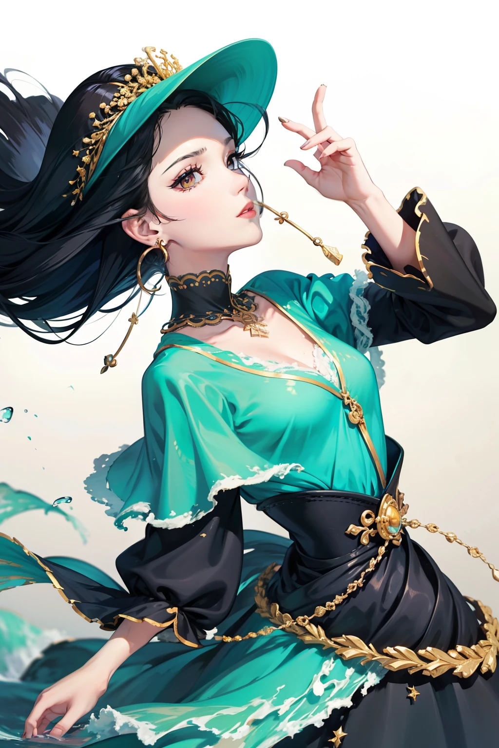 Close-up of a woman with black hair, Belle peinture de personnage, haughty, Black hair, hair adornments, Raised eyebrows, Raised eyebrows, Wide eyes, Earrings, Skirt made of water，Depth of field, tachi-e, first person perspective, Wide-angle, High quality, A high resolution