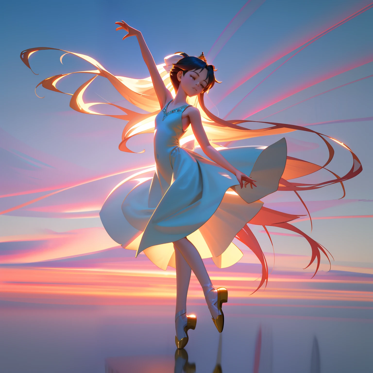 A beatiful Asian girl with long hair is dancing in the clouds like a ballerina, graceful and peaceful, detailed features, white ballerina dress and shoes, beautiful anime girl, digital anime illustration, fanart best artstation, digital anime art, detailed digital anime art, realistic anime 3 d style, beautiful young girl, full body length shot