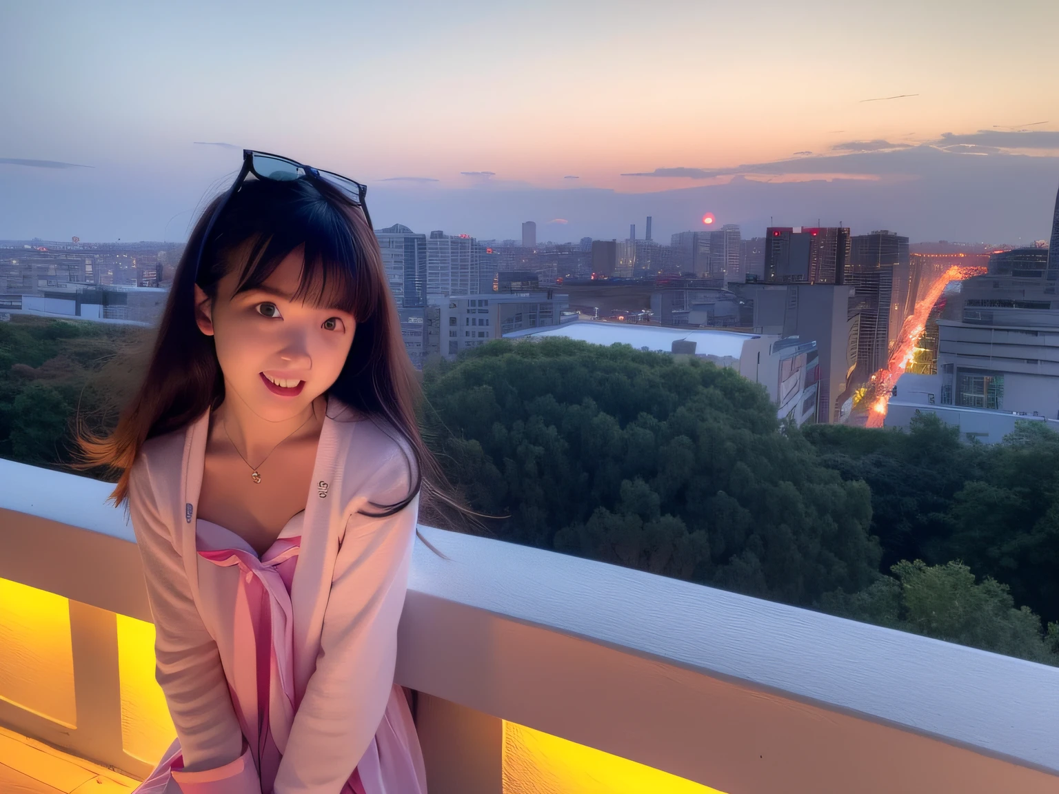 1girll,The girl in the sailor suit looked forward,Behind,view over city,cinematric light,the sunset,城市。