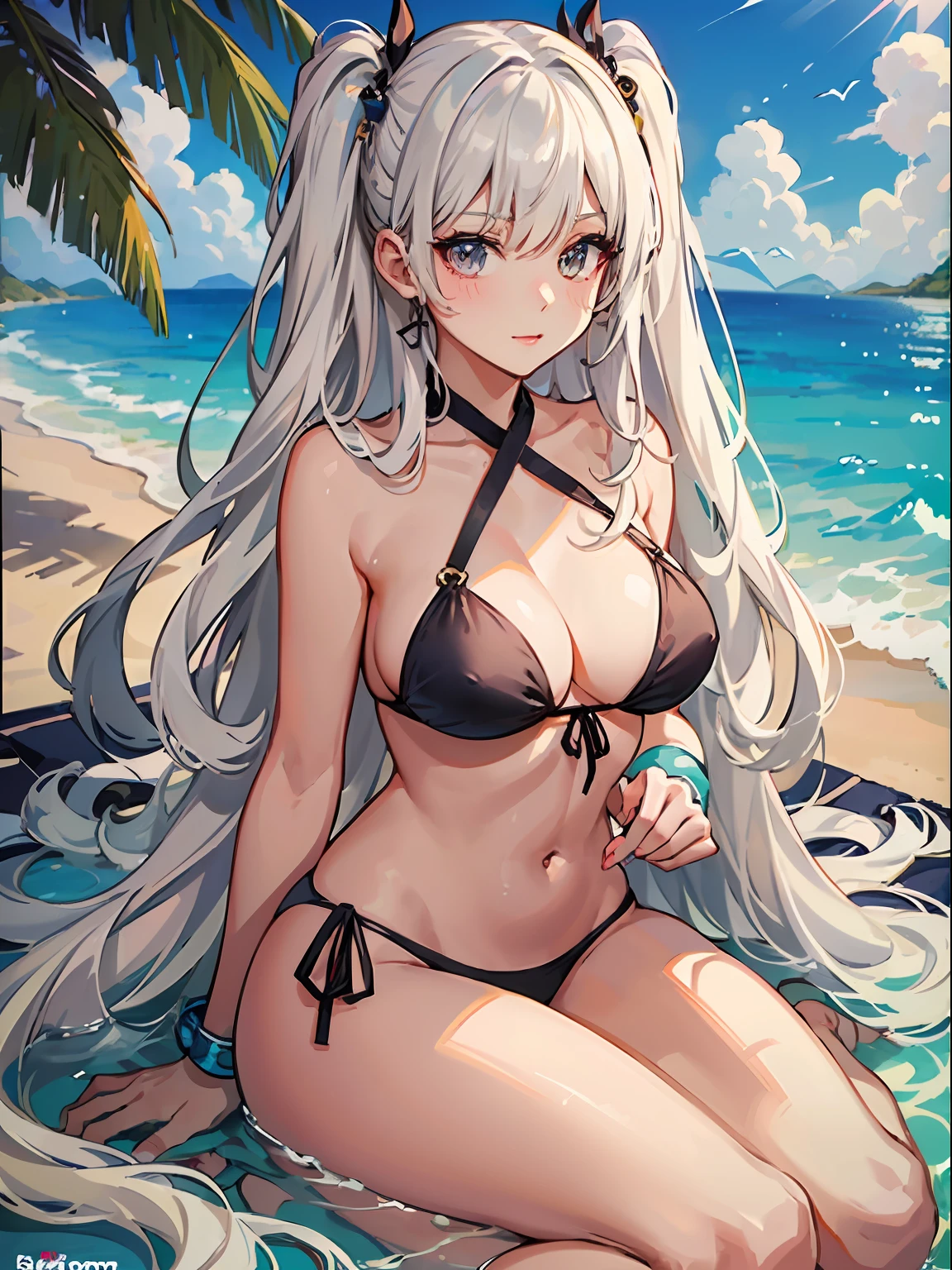 ((Best Quality)), (Ultra-detailed), ((Extremely detailed)), (Beautiful), ((Kawaii Girl)),(two side up hair).,Platinum Blonde Hair,Long hair, hair between eye, Wavy Hair, Long sideburns,Jade-colored eyes, White skin,Normal Chest,Slender body,Cross Halter Bikini,Sandals,Sitting,in beach,Look Camera,One girl,One Woman,Anime