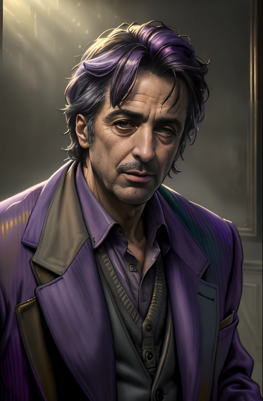 (Al Pacino as godfather) ,epic, realistic, faded, neutral colors, ((((hdr)))), ((((muted colors)))), intricate scene, artstation, hyperdetailed, cinematic shot, warm lights, dramatic light, intricate details, vignette, complex background, [[teal and orange]], slate gray atmosphere, perfect lighting, perfect shading, (photorealistic:1.6), (((purple jacket))),