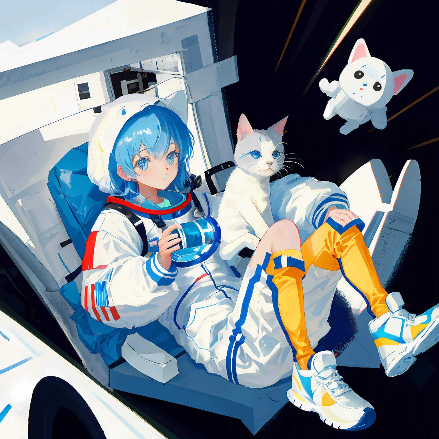 space walk scene, ，British short blue cat wearing astronaut clothes，White puppy in astronaut clothes