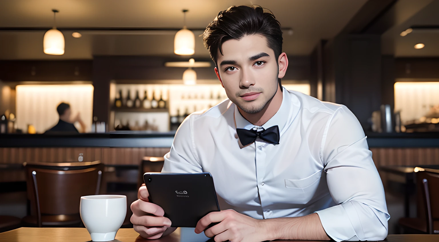 ((Men only)), (head shot), (handsome muscular male waiter in his 30s), (in the restaurant), (Mischievous smile), (detaile: 1 in 1), Natural muscles, HIG quality, beautidful eyes, (Detailed face and eyes), (Face、: 1 / 2), Noise, Real Photographics、... .................................................................................................................PSD, Sharp Focus, High resolution 8K, realisitic & Professional Photography, 8K UHD, Soft lighting, High quality, Film grain, FujifilmXT3