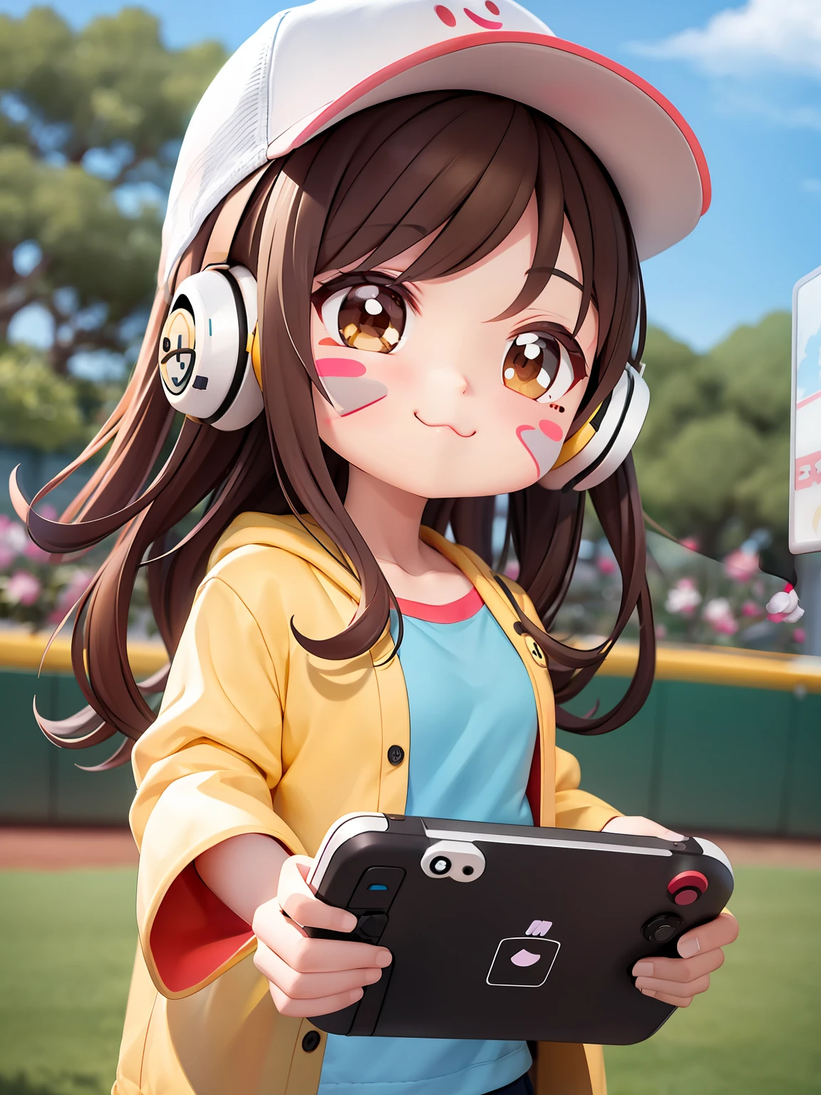 (Daisaku),(Need),(Super meticulous),(full bodyesbian:1.2),1girl,adolable,ssmile,Open-mouthed,florals,exteriors,baseball cap,Play game consoles,Manteau,Blushlush,The tree,:3,The shirt,long whitr hair,SakuraNS,head gear,Blurred,A brown-haired,Blush stickers,longer sleeves,By bangs,Earphone,brunette color hair,pinkflower,(beautiful detailed face),(美丽细致的眼睛),