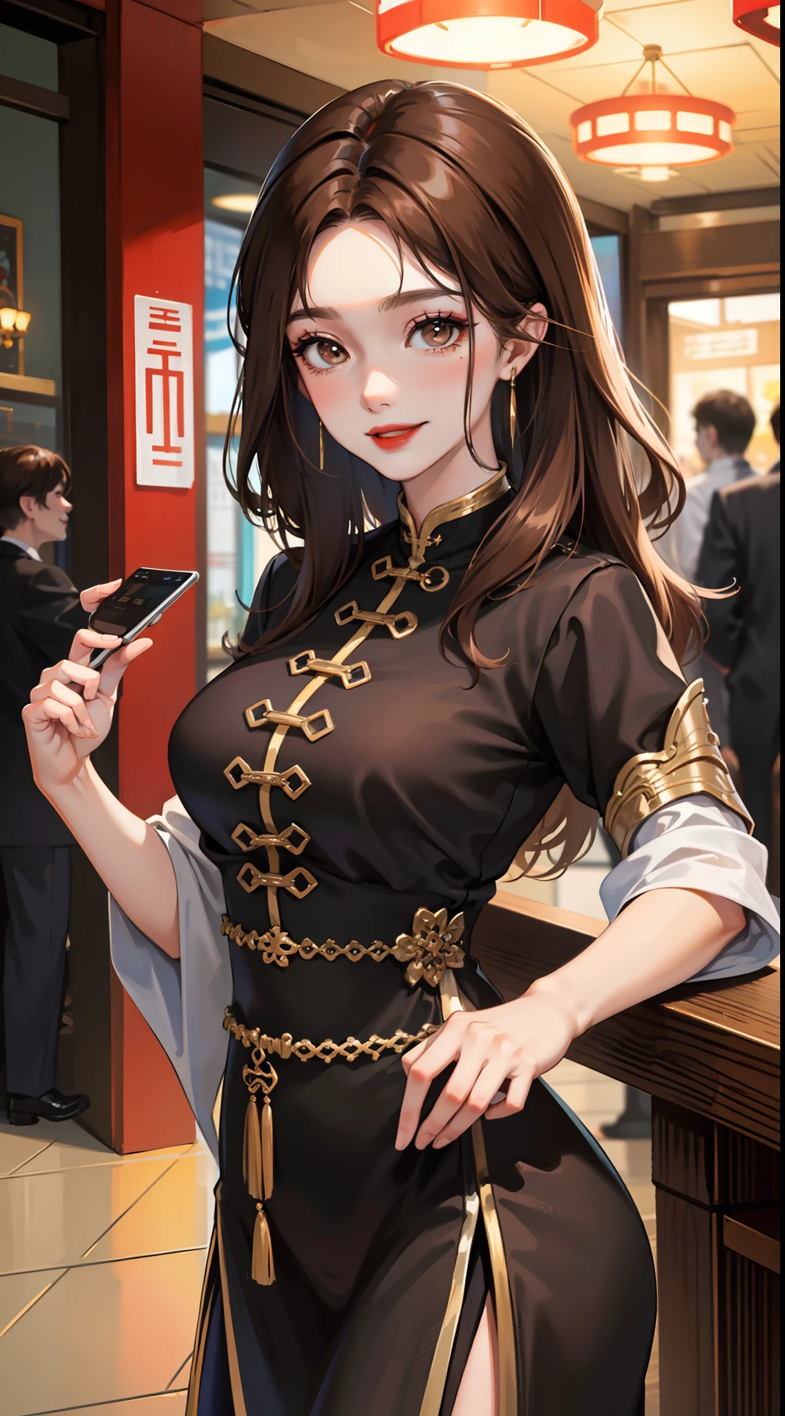 (Tabletop, Digital Art, Digital Illustration, 4K, 8K, Super detailed, Beautiful images, Clear images, Realistic, RAW Photos, Perfect Face, Perfect Lines, Perfect Eyes, Soft lighting) 1 female, (Light brown hair,Chignon Hair,Innocent look,Cute big eyes,Natural Makeup,A kind smile,Round chin,large breasts,Baby-faced woman:1.3),masterpiece, best quality, 1 girl, 独奏, large breasts, brown hair, dark brown eyes, black china dress, standing, (Beijing:1.2)