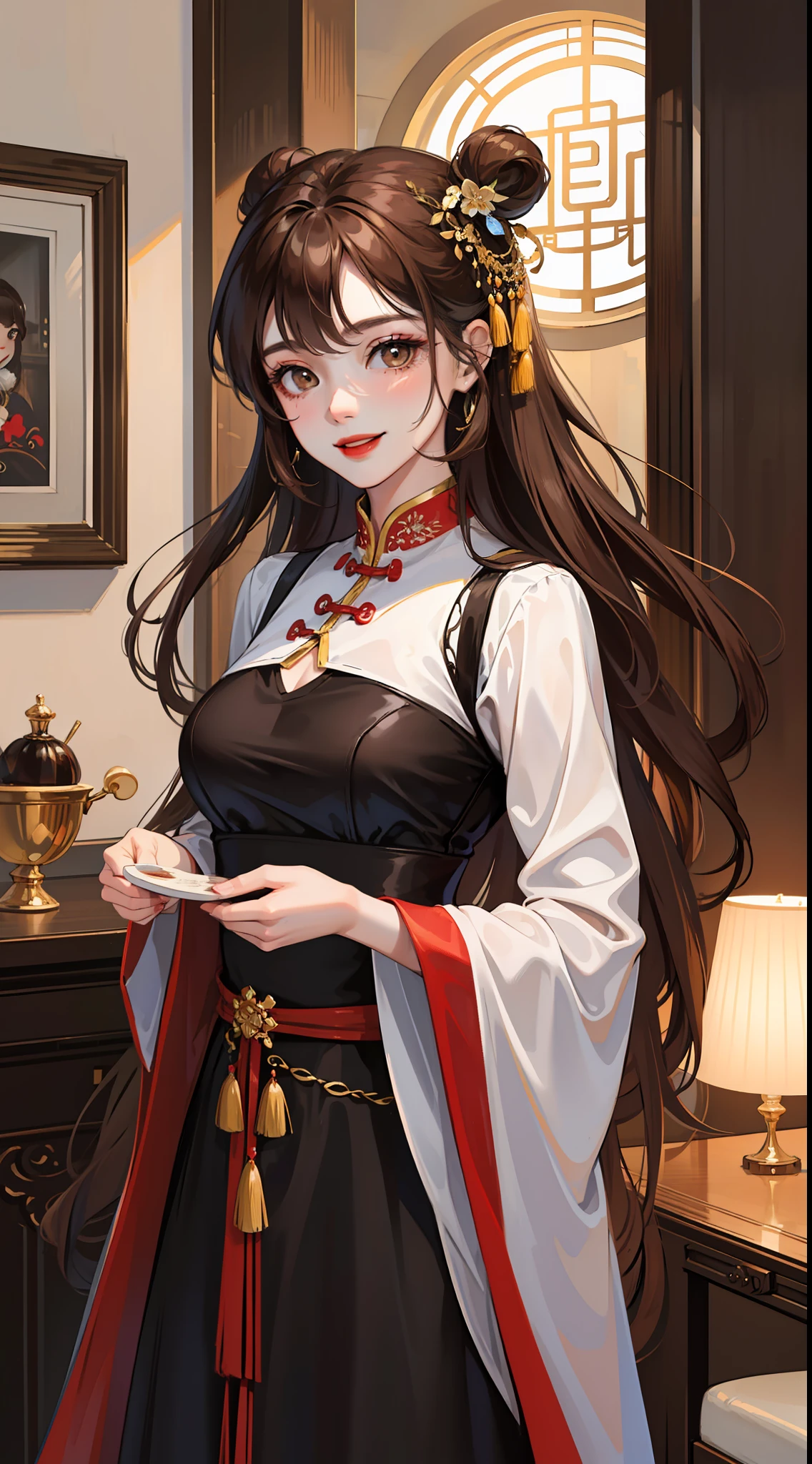 Adult woman, long light brown hair, Brown eyes, Black blue Chinese dress, red lipstick, Smile, Masterpiece, hiquality