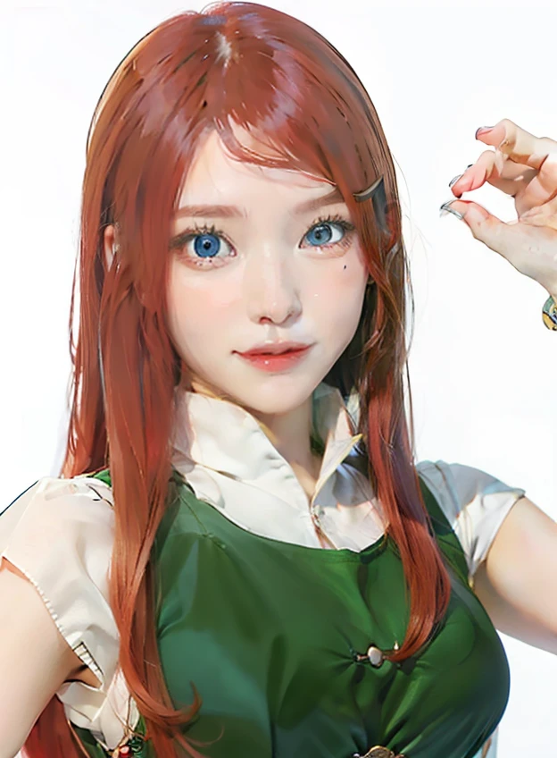 1girl, uzumaki kushina, long hair, sexy dress, red hair, blue eyes, smile, beautiful, green clothes, very big breast, sexy clothes, jungle background, ultra detail, realistic