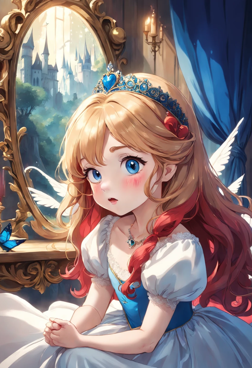 1 princess, fairytale, storybook, (7yo), beautiful detailed eyes, rosy cheeks, red lips, long flowing hair, (tiara:1.2), (lace white dress:1.1), golden curls, blue satin ribbons, ruby necklace, enchanted forest, cottage, (friendly animals:1.3), seven dwarfs, apple, evil queen, mirror, magic, prince charming, true love's kiss, happily ever after.