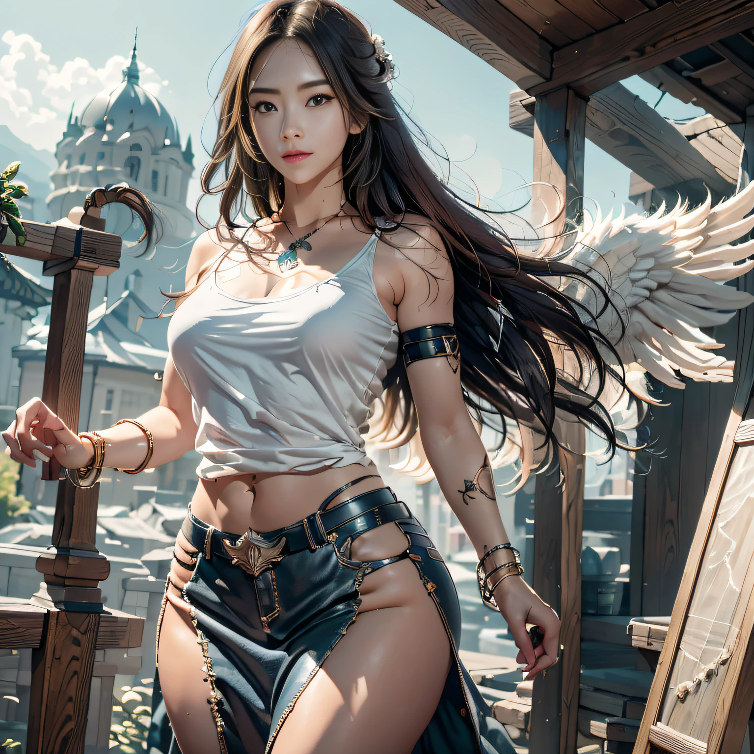 hyper HD, Anatomically correct, retinas, Super detail, Award-Awarded, Best quality, High details, Textured skin, Masterpiece, ccurate, High quality, A high resolution, 8K，1girl in, 独奏, offcial art, Unity 8k wallpaper, ultra - detailed, prettify、Aesthetic, tmasterpiece, top-quality, Photorealsitic, A female angel、It has 6 large white wings on its back:2.0、Wings of a bird of prey、Blazing Angel、Silver armor:2.0、Luminous imprint，Luminous imprint，Silver gauntlet、Silver Solette、White fabric、Hair ornaments with small wings、Valkyrie、Very large wide sword、Glowing angel circle、angelic halo:2.0、Light magic、depth of fields, Fantastic atmosphere, calm color palette, Soft Shading、You can see the forest in the distance、See remote mountain castles、ellegance、Full body like、busty figure、Large full breasts、wide waist、Floating in the air:2.0、Flying in the sky:2.0、Fry high in the air、Sky on the steppe、You can see the castle on the hill in the distance