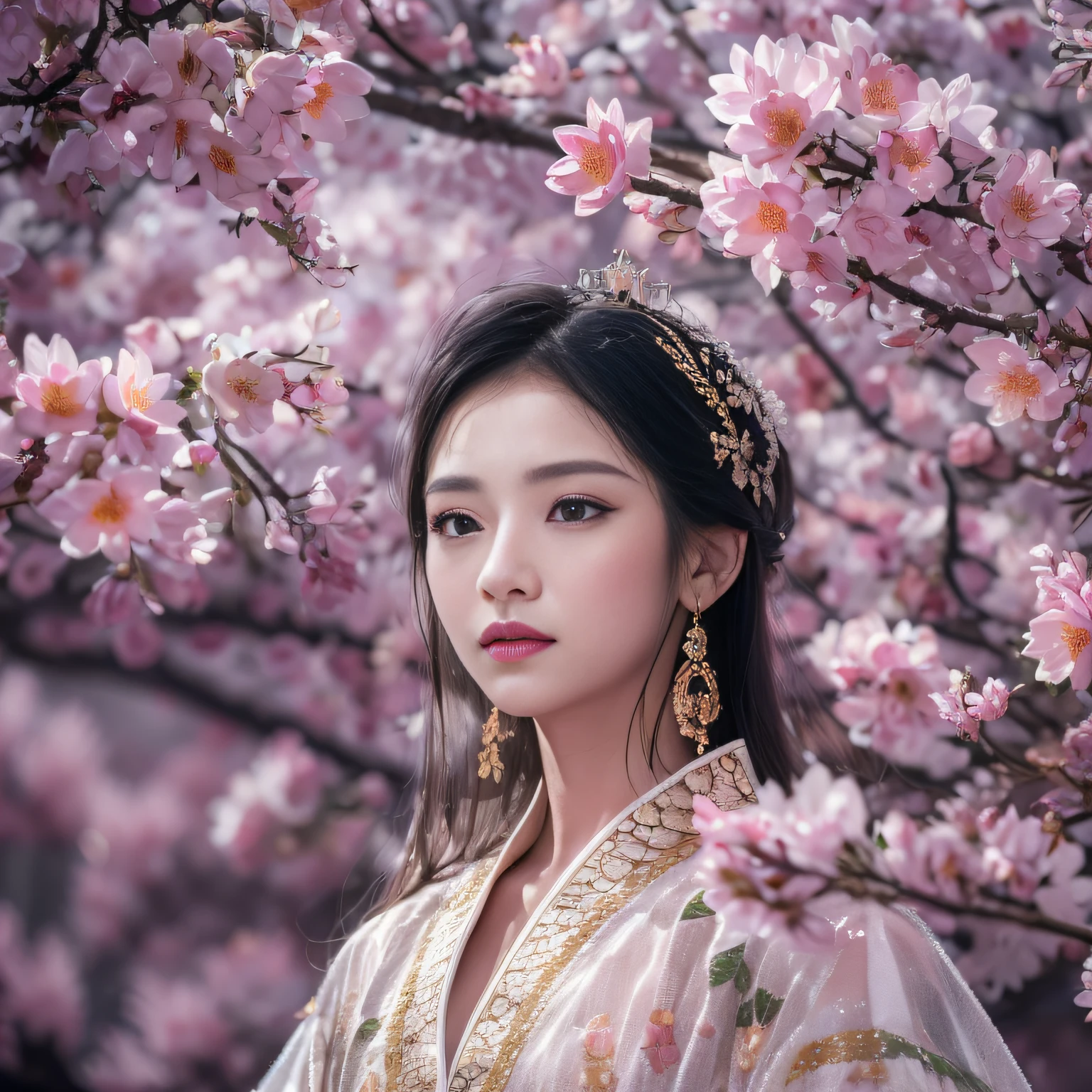 32k（tmasterpiece，k hd，hyper HD，32k）Long flowing black hair，ponds，Xuzhou girl ，Lotus Protector （realisticlying：1.4），Python pattern robe，Purple-pink tiara，Pear blossoms fluttering，The background is pure，Hold your head high，Be proud，The nostrils look at people， A high resolution， the detail， RAW photogr， Sharp Re， Nikon D850 Film Stock Photo by Jefferies Lee 4 Kodak Portra 400 Camera F1.6 shots, Rich colors, ultra-realistic vivid textures, Dramatic lighting, Unreal Engine Art Station Trend, cinestir 800，Hold your head high，Be proud，The nostrils look at people
