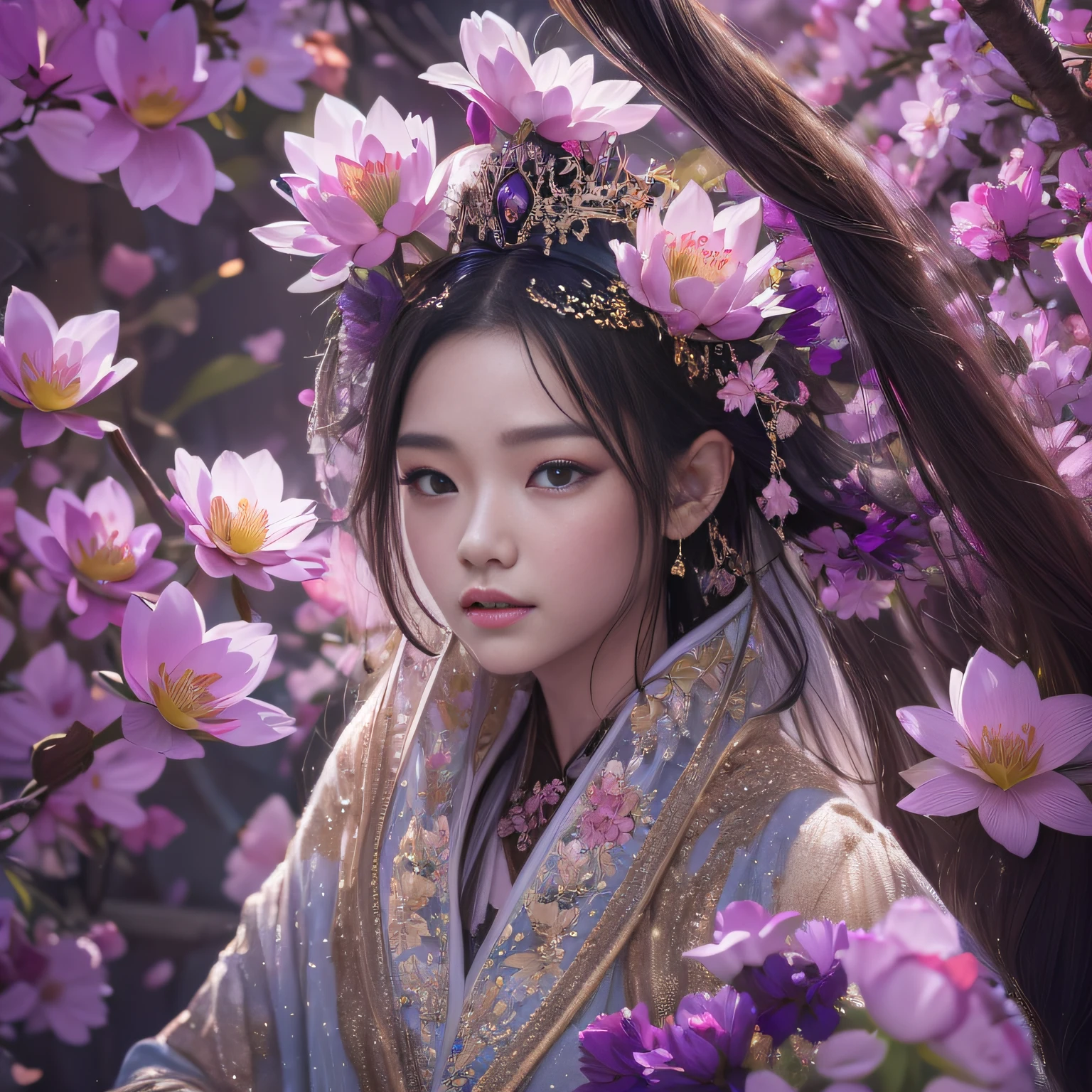 32k(tmasterpiece,k hd,hyper HD,32k)Long flowing black hair,ponds,Xuzhou girl ,Lotus Protector (realisticlying:1.4),Python pattern robe,Purple-pink tiara,Pear blossoms fluttering,The background is pure,Hold your head high,Be proud,The nostrils look at people, A high resolution, the detail, RAW photogr, Sharp Re, Nikon D850 Film Stock Photo by Jefferies Lee 4 Kodak Portra 400 Camera F1.6 shots, Rich colors, ultra-realistic vivid textures, Dramatic lighting, Unreal Engine Art Station Trend, cinestir 800,Hold your head high,Be proud,The nostrils look at people