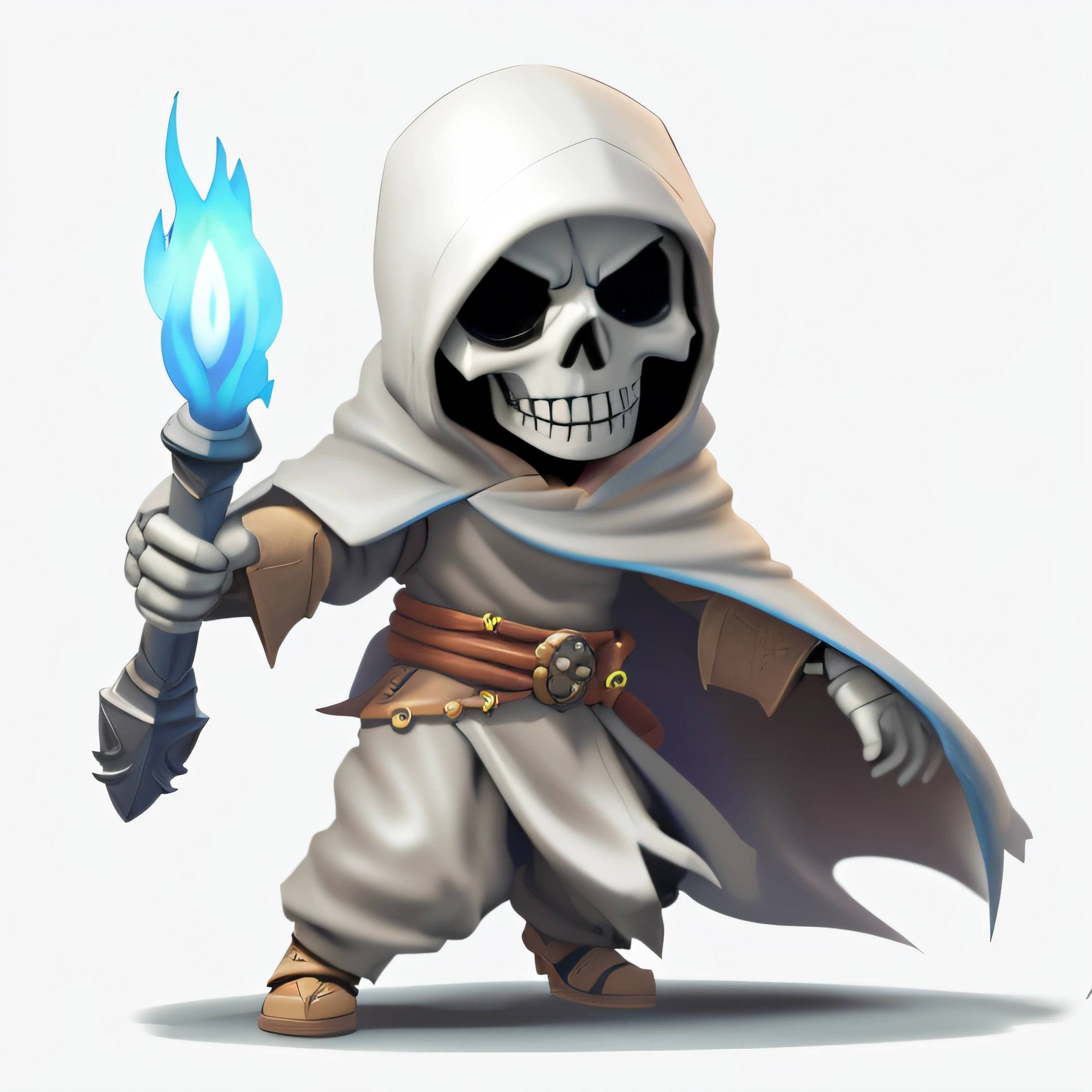 Close up of cartoon character with blue flame, an arcane wizard casting a spell, skeleton warrior, Undead Mage, Fiery Grim Reaper, ghostly necromancer, Reaper Mini, evil death, mower, With a skull wand, undead lich, skeleton knight, game character art, concept art of a monk, Game Character, Grim Reaper