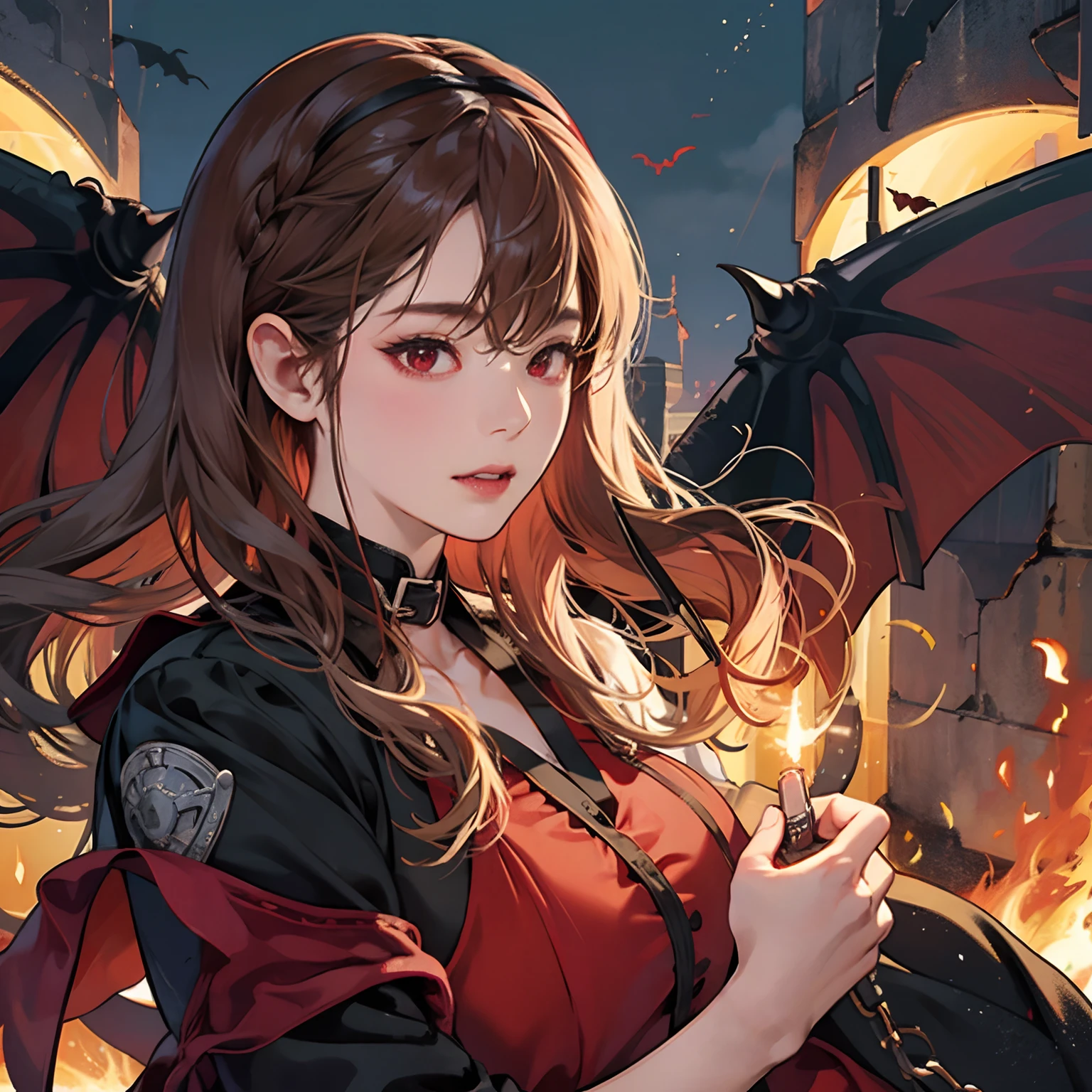 Women in Their 20s, 独奏, offcial art, unity 8k wall paper, ultra-detailliert, beautifly、Aesthetic, ​masterpiece, top-quality, Photorealsitic, a female demon、Succubus、Sheep horns on the head、Braids、Red ribbons、red eyes、Long vertical glow、very huge bat wings on the back:2.0、Black bat wings、Bondage costumes、Shackles with chains、Collar with a leash、Holding a silver knife in your hand、depth of fields, Fantastic atmosphere, Calm palette, tranquil mood, Soft shading、Heavy dark clouds and lightning、Desolate landscape、Rock Mountain、Fortress on a distant cliff、Pillar of fire、Sparks fly、A flock of bats in the sky、bbw、very large breast、plump figure、dark themed、Flame Magic、A large snake is wrapped around it、The great snake opens its mouth and fangs are visible