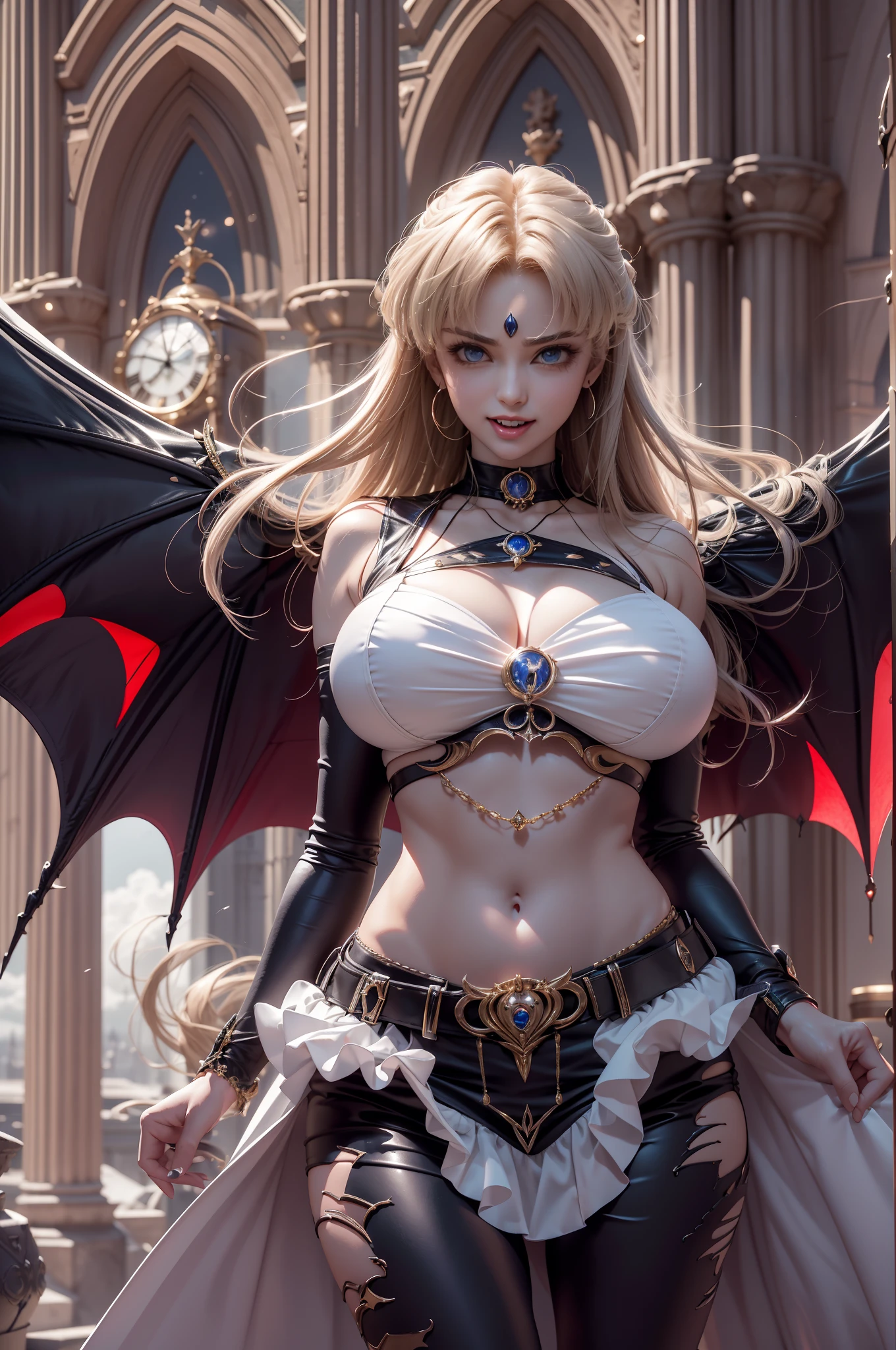 Female vampire in sexy leather armor，（Open your mouth，Showing vampire fangs，(poison fangs:1.2),(teeth:1.1) Vampire mouth），Sharp teeth，（Vampire skin is super fair and smooth）、（In the background is a classical western castle，Stone castle，High bell tower，Square high-rise clock tower，large moon，moon full，Enshrouded by clouds，Moon stars are rare，）A pair of pitch-black wings spread out on the back，the bats,Soft and cold，（（Vampire teeth are surprisingly white，Showing fangs，licking own lips）），Image of Araved posing for a photo，The eyes burn like a scorching flame，It emits a terrible red light。Around his body，It is full of mysterious and deadly energy。 the sailor moon. Beautiful, Anime goddess, Anime girl in real life,Anime cosplay, Scholar, Anime figure; Full-body art, seductive anime girls，（（（Kojima Bunmi style）））