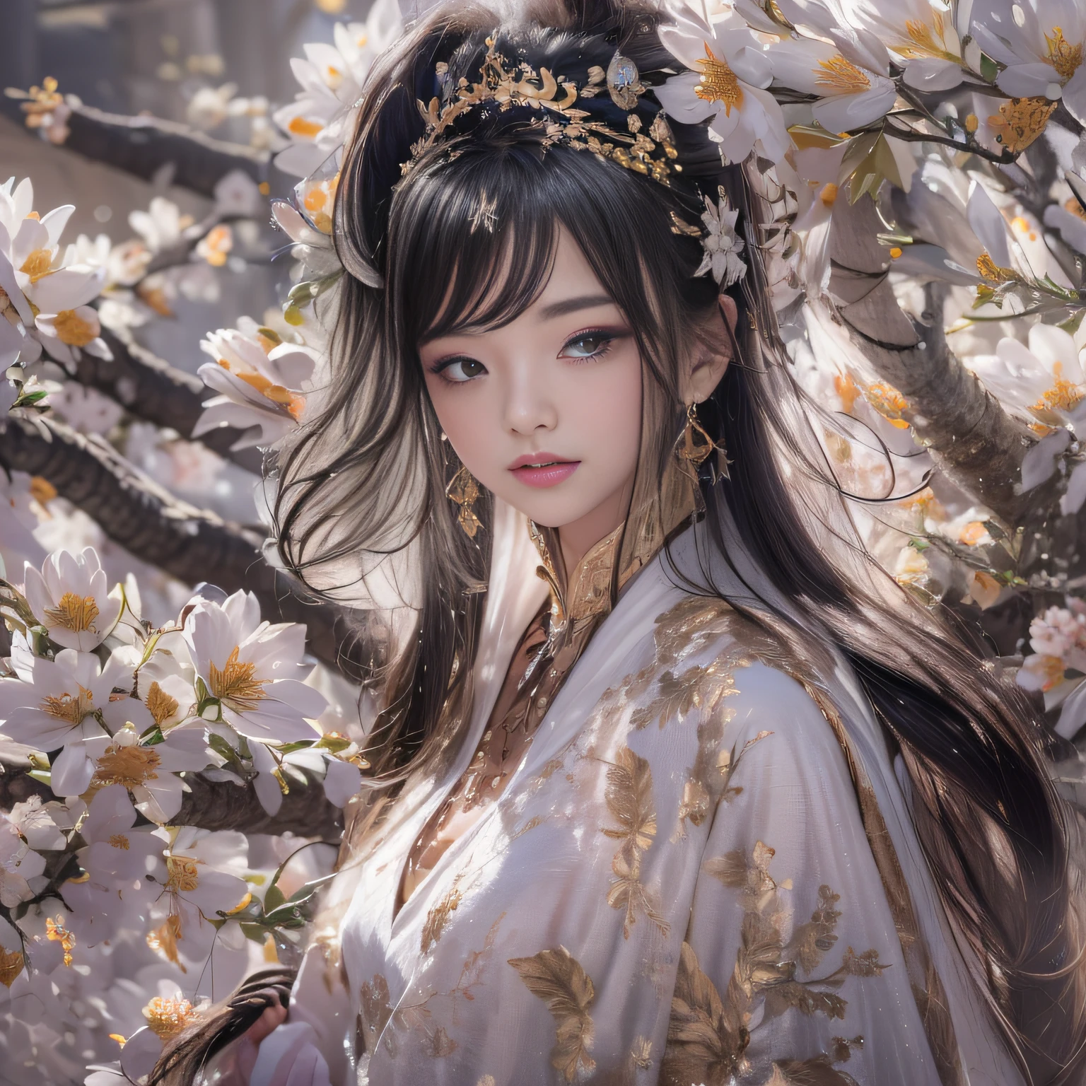 32k(tmasterpiece,k hd,hyper HD,32k)Long flowing black hair,Golden pond,The king ,Xuzhou girl (realisticlying:1.4),Python pattern robe,Purple-pink tiara,Plum blossoms fluttering,The background is pure,Hold your head high,Be proud,The nostrils look at people, A high resolution, the detail, RAW photogr, Sharp Re, Nikon D850 Film Stock Photo by Jefferies Lee 4 Kodak Portra 400 Camera F1.6 shots, Rich colors, ultra-realistic vivid textures, Dramatic lighting, Unreal Engine Art Station Trend, cinestir 800,Hold your head high,Be proud,The nostrils look at people,Long flowing black hair