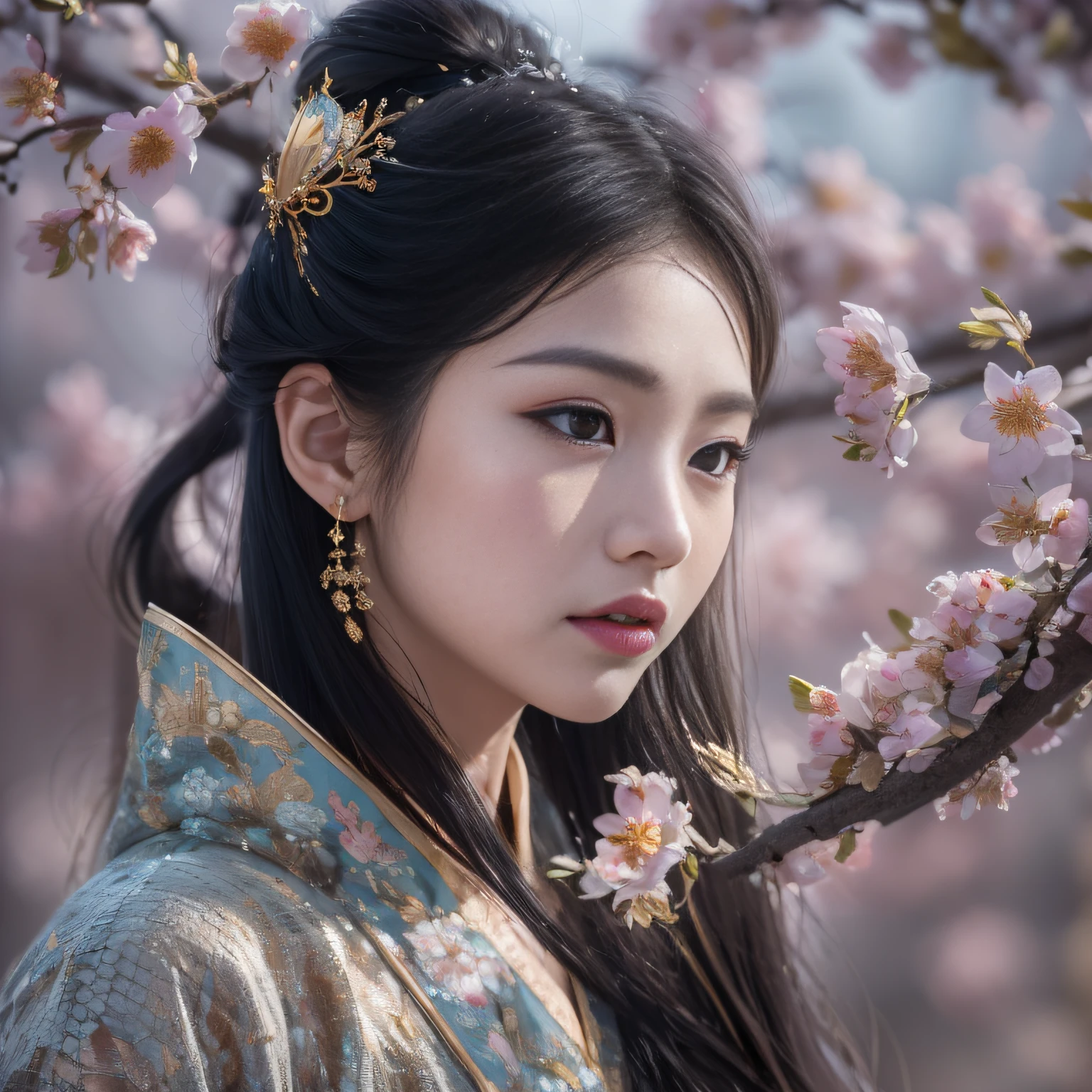 32k（tmasterpiece，k hd，hyper HD，32k）Long flowing black hair，Golden pond，The king ，Xuzhou girl （realisticlying：1.4），Python pattern robe，Purple-pink tiara，Plum blossoms fluttering，The background is pure，Hold your head high，Be proud，The nostrils look at people， A high resolution， the detail， RAW photogr， Sharp Re， Nikon D850 Film Stock Photo by Jefferies Lee 4 Kodak Portra 400 Camera F1.6 shots, Rich colors, ultra-realistic vivid textures, Dramatic lighting, Unreal Engine Art Station Trend, cinestir 800，Hold your head high，Be proud，The nostrils look at people，Long flowing black hair