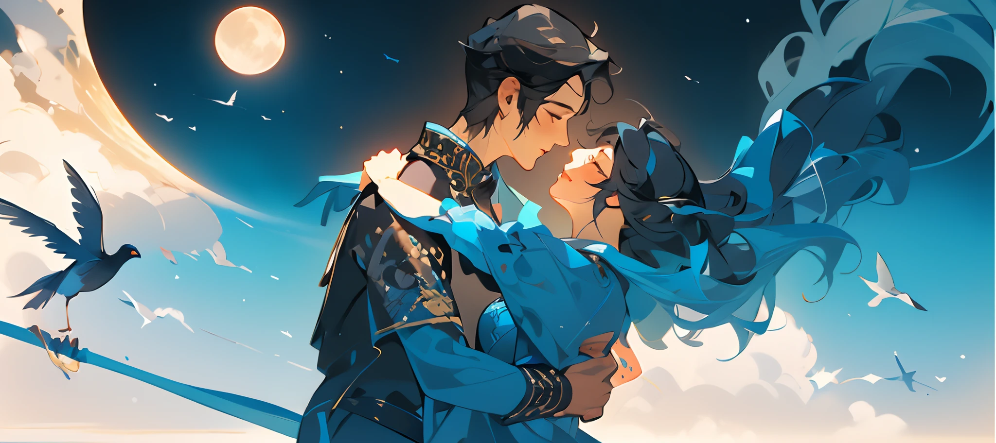 (Super detailed CG unity 8k personality wallpaper,Masterpiece level,Best picture quality),a young man and a woman,couple,is dancing,Pleasure,gleeful,Love,Heart shape,magpie,flying birds,themoon,Chinese ancient style,Chinese costumes,