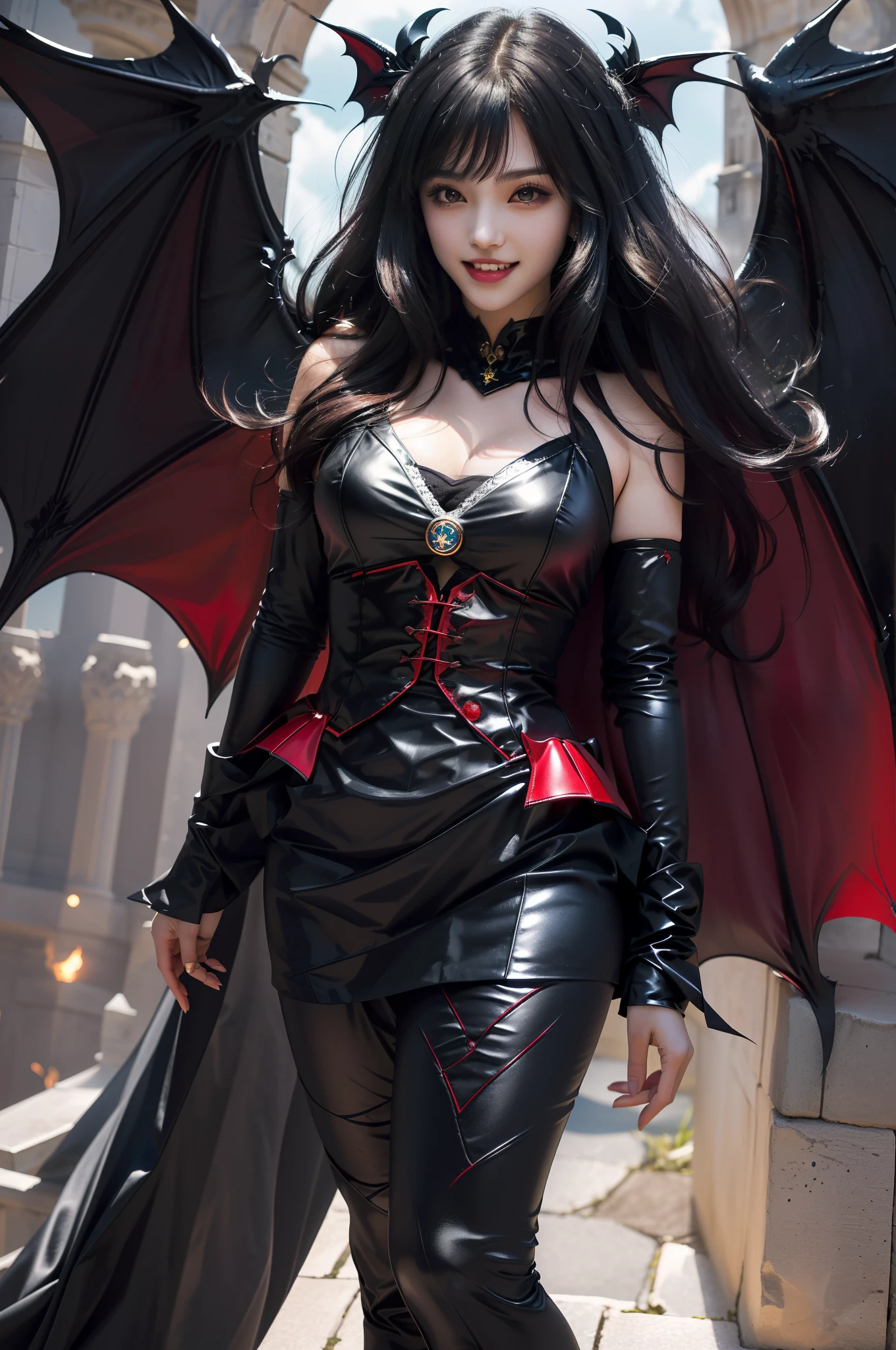 Female vampire in sexy leather armor，（Open your mouth，Showing vampire fangs，(poison fangs:1.2),(teeth:1.1) Vampire mouth），Sharp teeth，（Vampire skin is super fair and smooth）、（In the background is a classical western castle，Stone castle，High bell tower，Square high-rise clock tower，large moon，moon full，Enshrouded by clouds，Moon stars are rare，）A pair of pitch-black wings spread out on the back，the bats,Soft and cold，（（Vampire teeth are surprisingly white，Showing fangs，licking own lips）），Image of Araved posing for a photo，The eyes burn like a scorching flame，It emits a terrible red light。Around his body，It is full of mysterious and deadly energy。 the sailor moon. Beautiful, Anime goddess, Anime girl in real life,Anime cosplay, Scholar, Anime figure; Full-body art, seductive anime girls，（（（Kojima Bunmi style）））