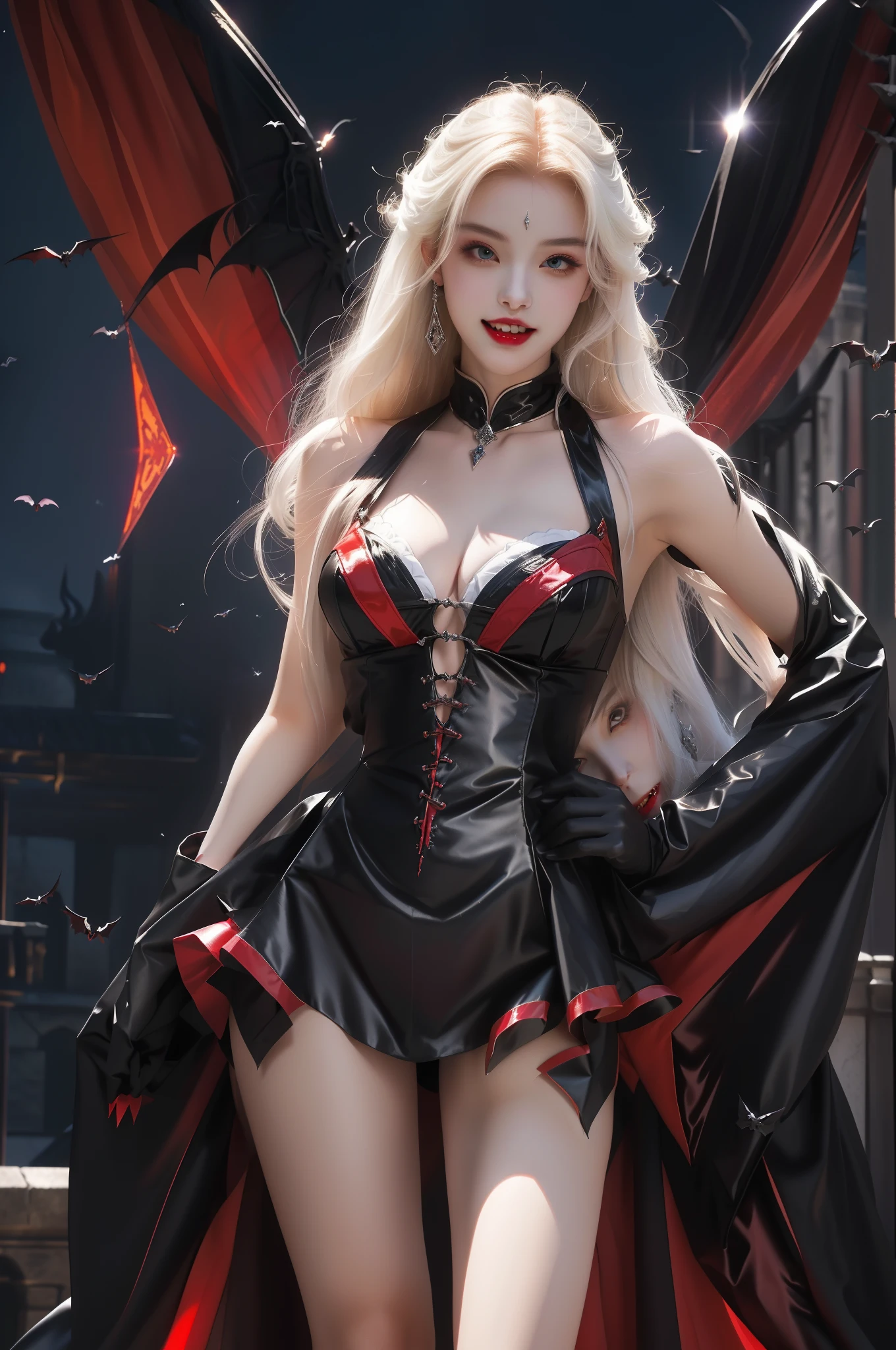 Female vampire in sexy leather armor，（Open your mouth，Showing vampire fangs，(poison fangs:1.2),(teeth:1.1) Vampire mouth），Sharp teeth，（Vampire skin is super fair and smooth）、（In the background is a classical western castle，Stone castle，High bell tower，Square high-rise clock tower，large moon，moon full，Enshrouded by clouds，Moon stars are rare，）A pair of pitch-black wings spread out on the back，the bats,Soft and cold，（（Vampire teeth are surprisingly white，Showing fangs，licking own lips）），Image of Araved posing for a photo，The eyes burn like a scorching flame，It emits a terrible red light。Around his body，It is full of mysterious and deadly energy。 the sailor moon. Beautiful, Anime goddess, Anime girl in real life,Anime cosplay, Scholar, Anime figure; Full-body art, seductive anime girls，（（（Kojima Bunmi style）））