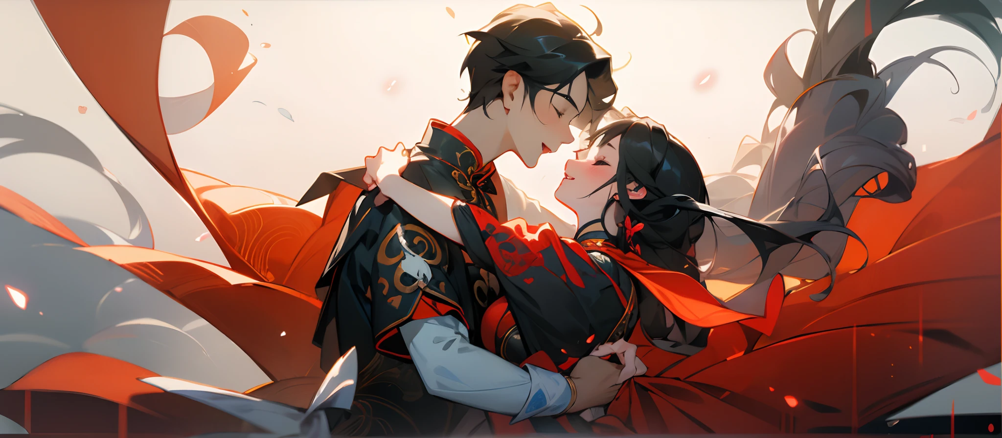 (Super detailed CG unity 8k personality wallpaper,Masterpiece level,Best picture quality),a young man and a woman,couple,is dancing,Pleasure,gleeful,Love,Heart shape,magpie,Chinese costumes,China-style,meticuloso,Super meticulous,UHD,