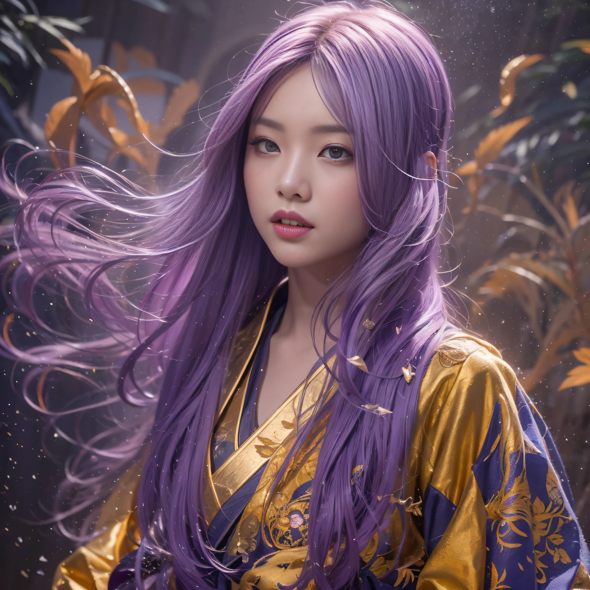 32K（tmasterpiece，k hd，hyper HD，32K）Long flowing bright purple hair，Autumn Pond，zydink， a color，  Asian people （Silly girl）， （Silk scarf）， Combat posture， looking at the ground， long whitr hair， Floating bright purple， Fire cloud pattern gold tiara， Chinese long-sleeved gold silk garment， （abstract ink splash：1.2）， white backgrounid，Lotus protector（realisticlying：1.4），Bright purple hair，Smoke on the road，The background is pure， A high resolution， the detail， RAW photogr， Sharp Re， Nikon D850 Film Stock Photo by Jefferies Lee 4 Kodak Portra 400 Camera F1.6 shots, Rich colors, ultra-realistic vivid textures, Dramatic lighting, Unreal Engine Art Station Trend, cinestir 800，Long flowing bright purple hair