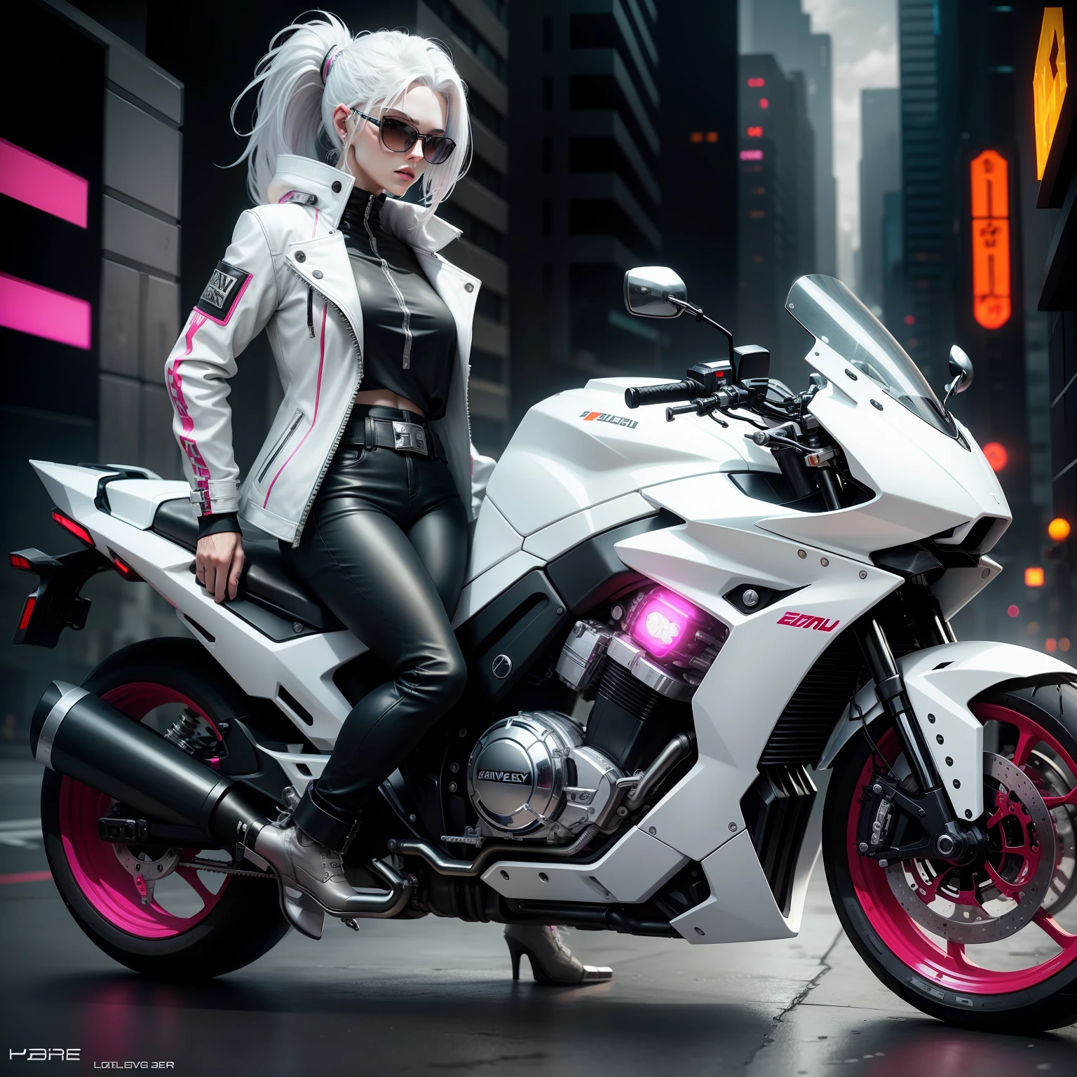 16k Evil Feminine Cool Color Cyberpunk White Hair Leather Coat Motorcycle High-Tech World