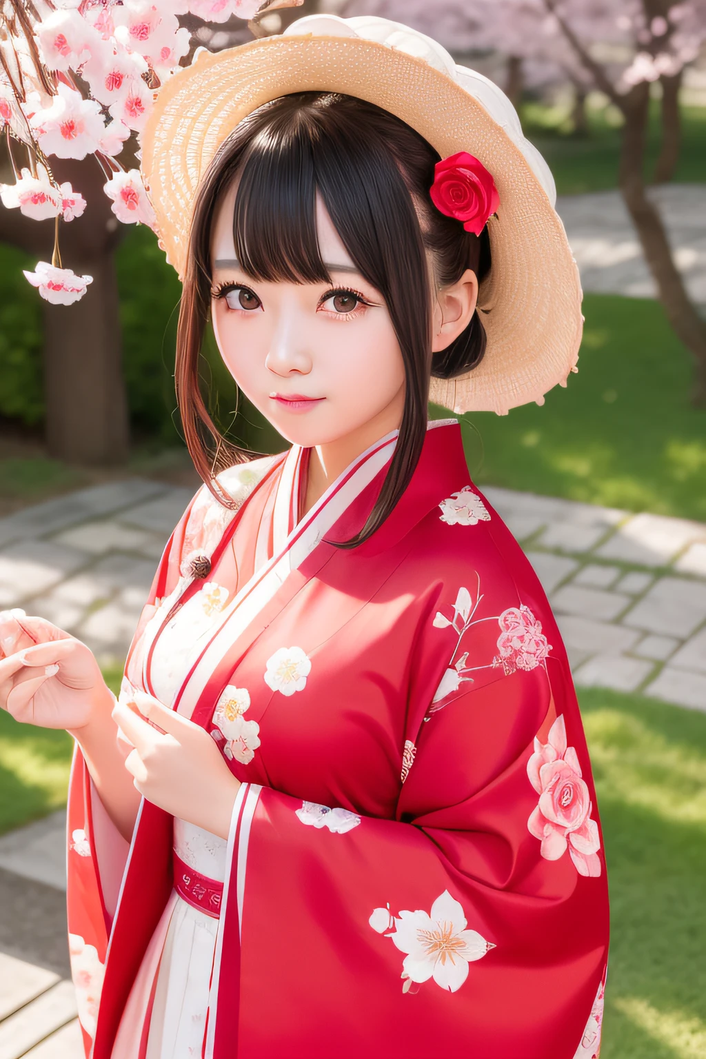 woman、Facial Chinese style ta model Hanako conch-chan、Gorgeous kimono appearance、Red and white flower confetti、Drooping cherry blossoms、Gentle scenery、Fantastic sunset、soft light rays、Generate beautiful images with a Japanese taste。